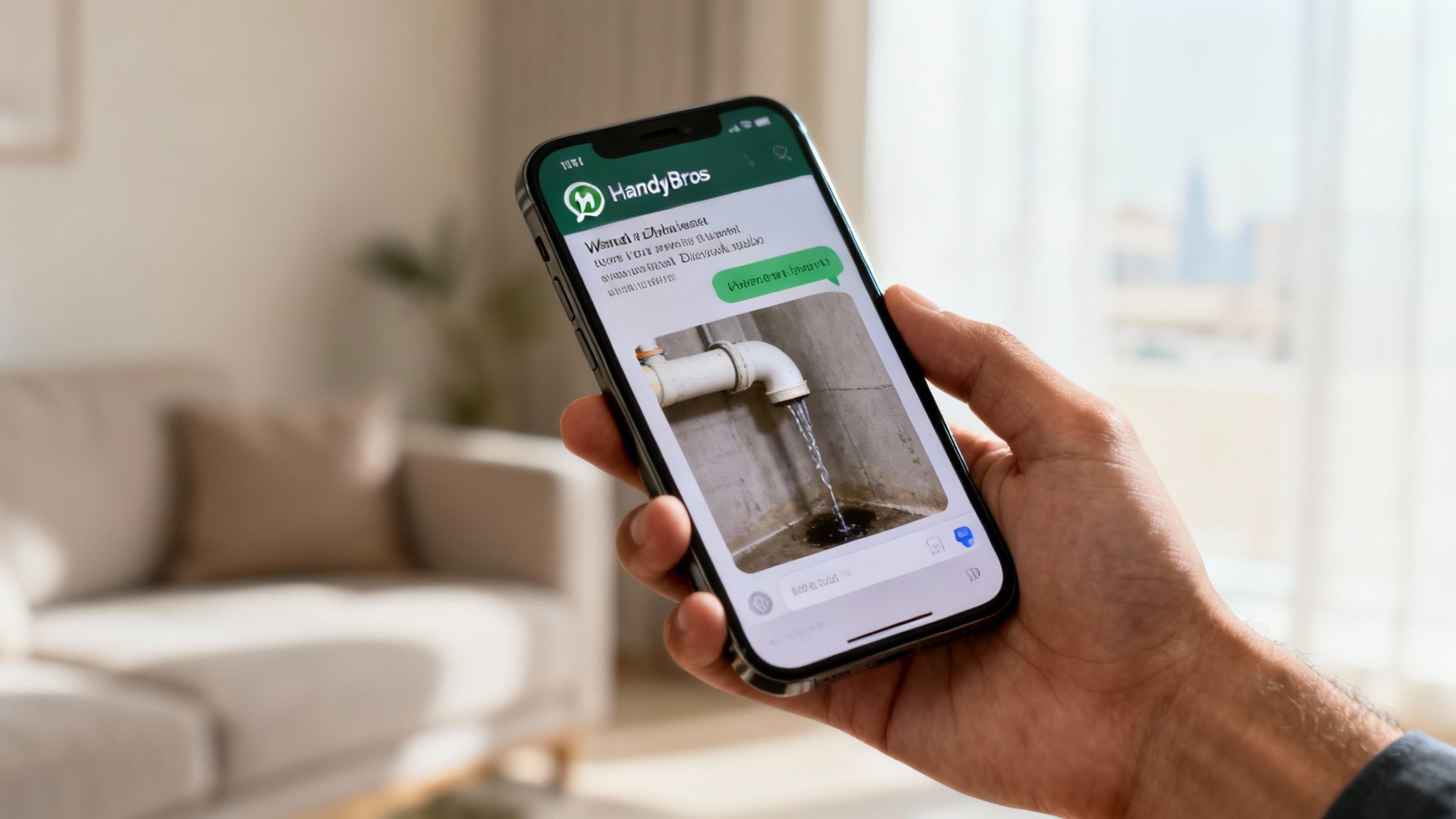 A hand holds a smartphone displaying a chat from HandyBros with an image of a leaking pipe.