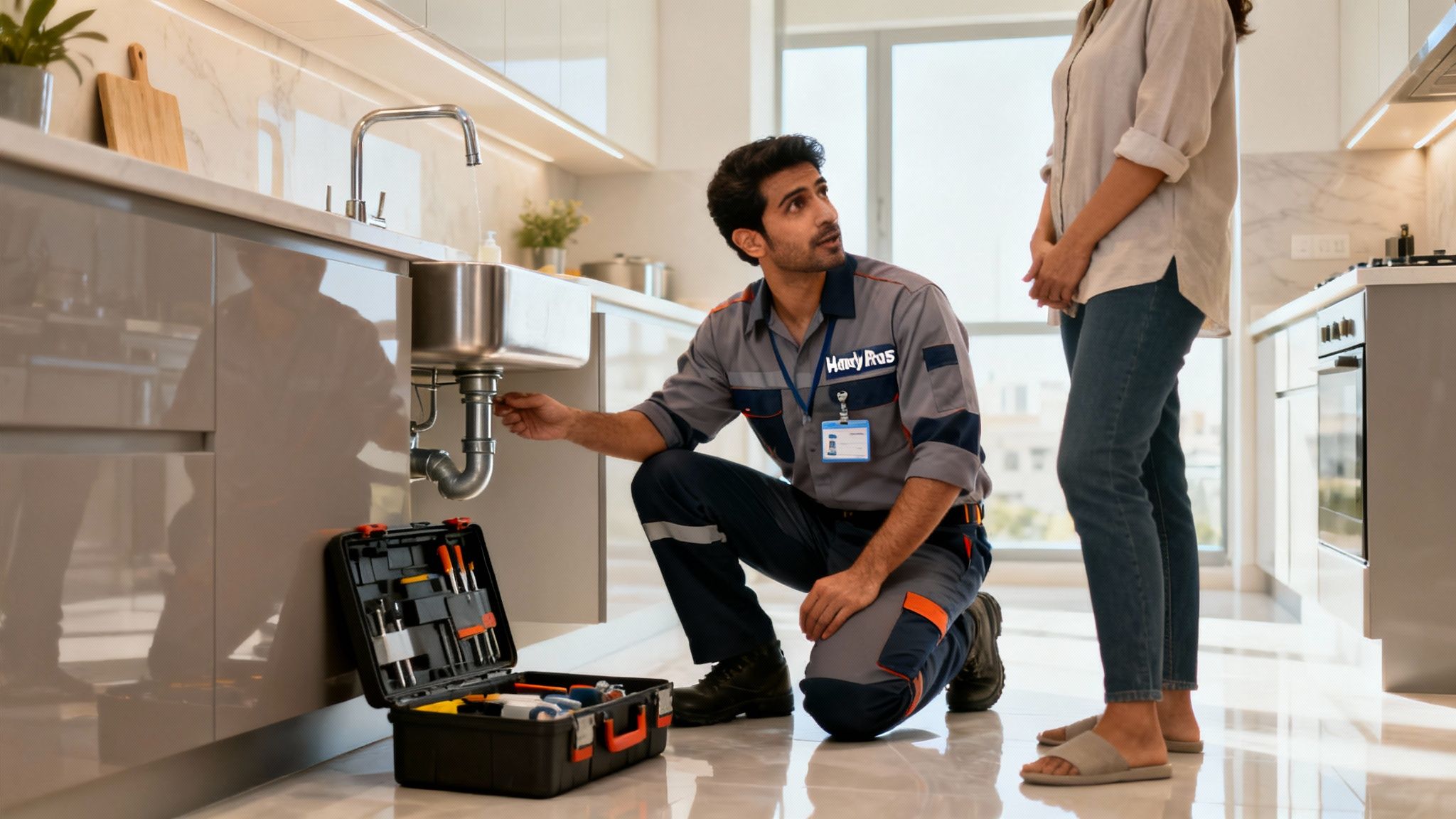 A male plumber in uniform fixes a kitchen sink pipe with tools, while a woman observes.