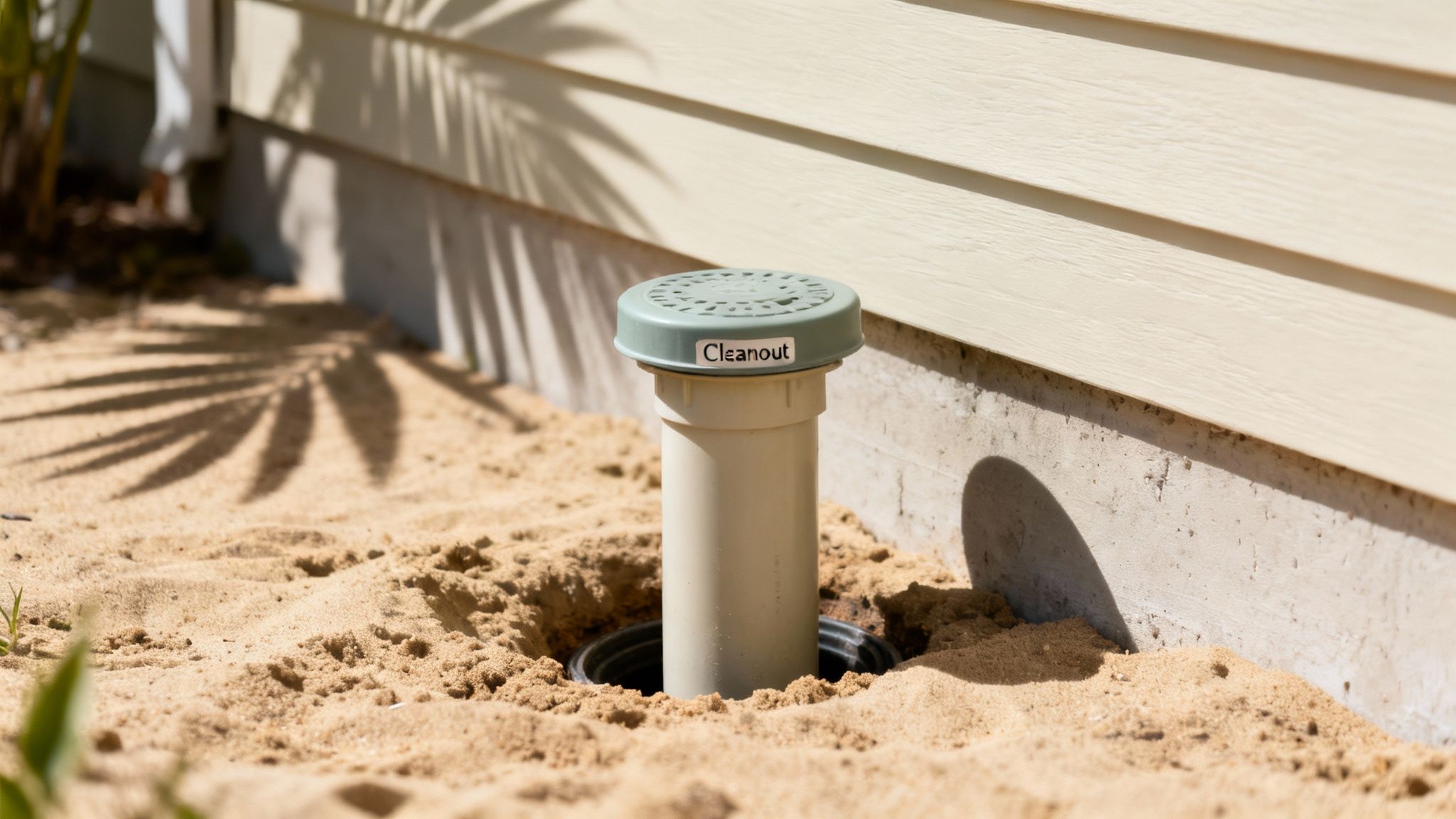 A plumbing cleanout pipe with a green cap labeled "Cleanout" in sand beside a building.