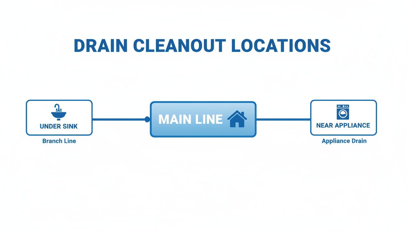 Diagram illustrating common drain cleanout locations in a home, including under the sink, main line, and near appliances.