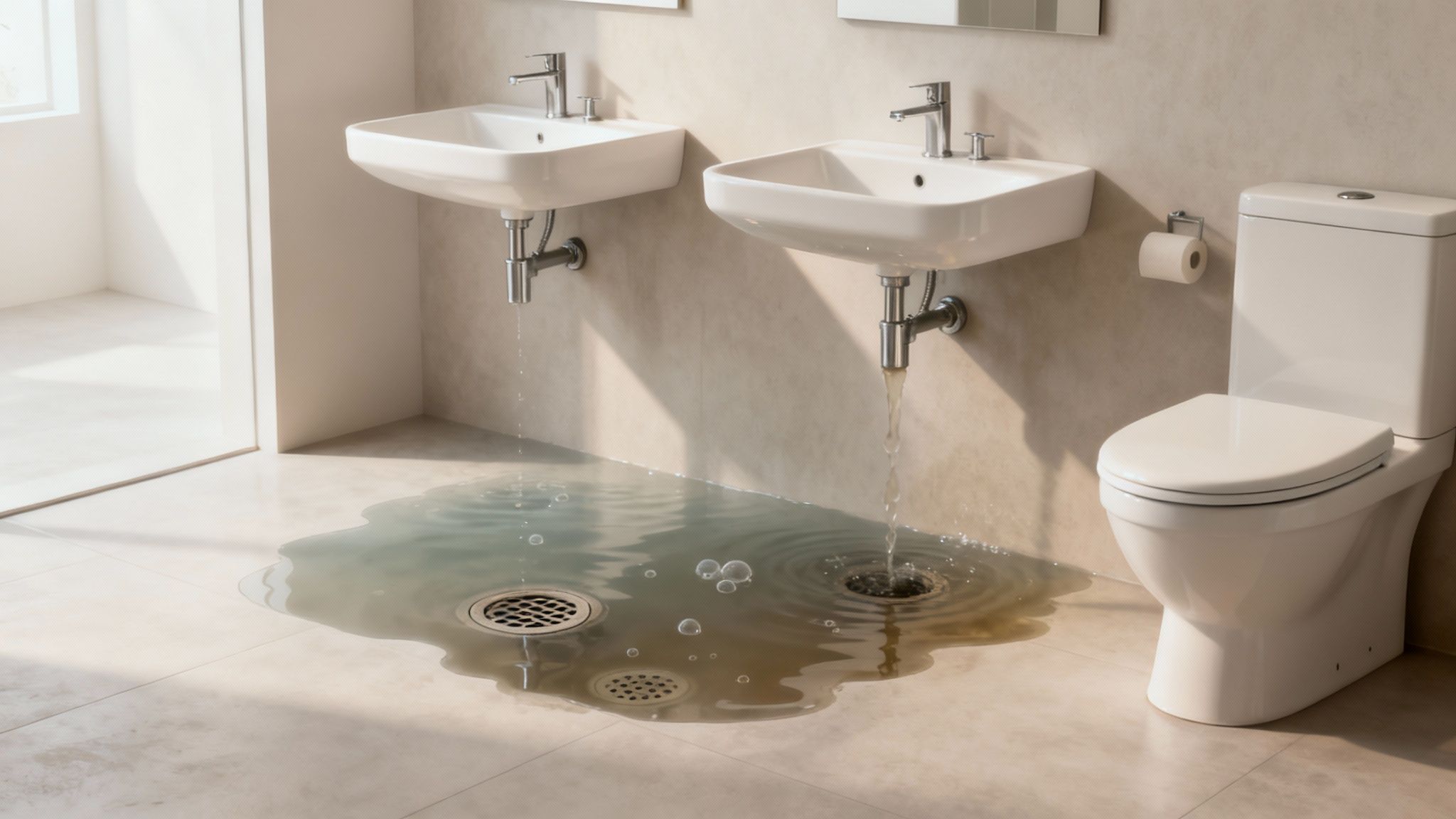 Two bathroom sinks leaking water, flooding the tiled floor with dirty water and overflowing drains.