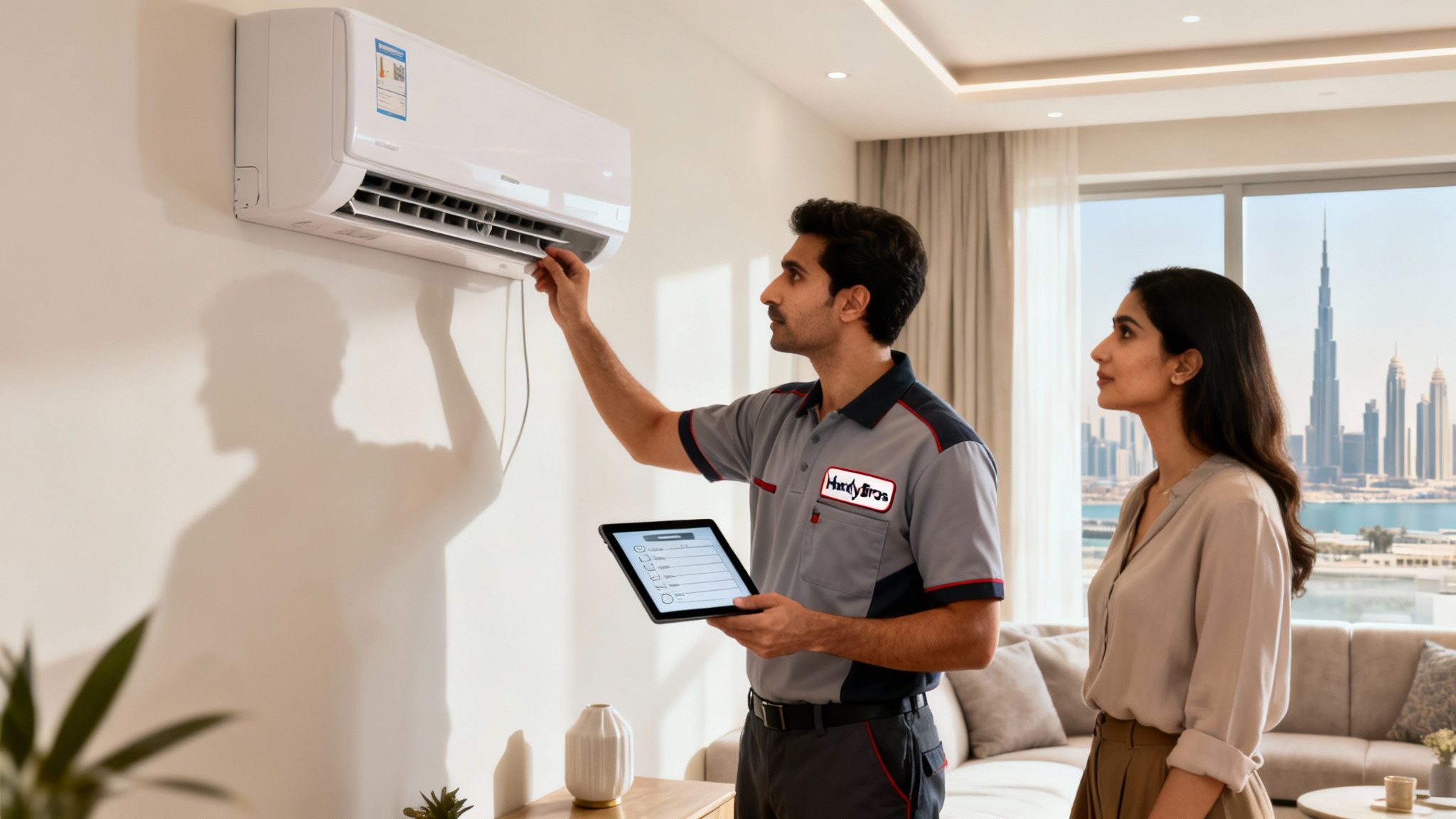A male technician from Handy Bros services an AC unit while a female client observes in a modern apartment.
