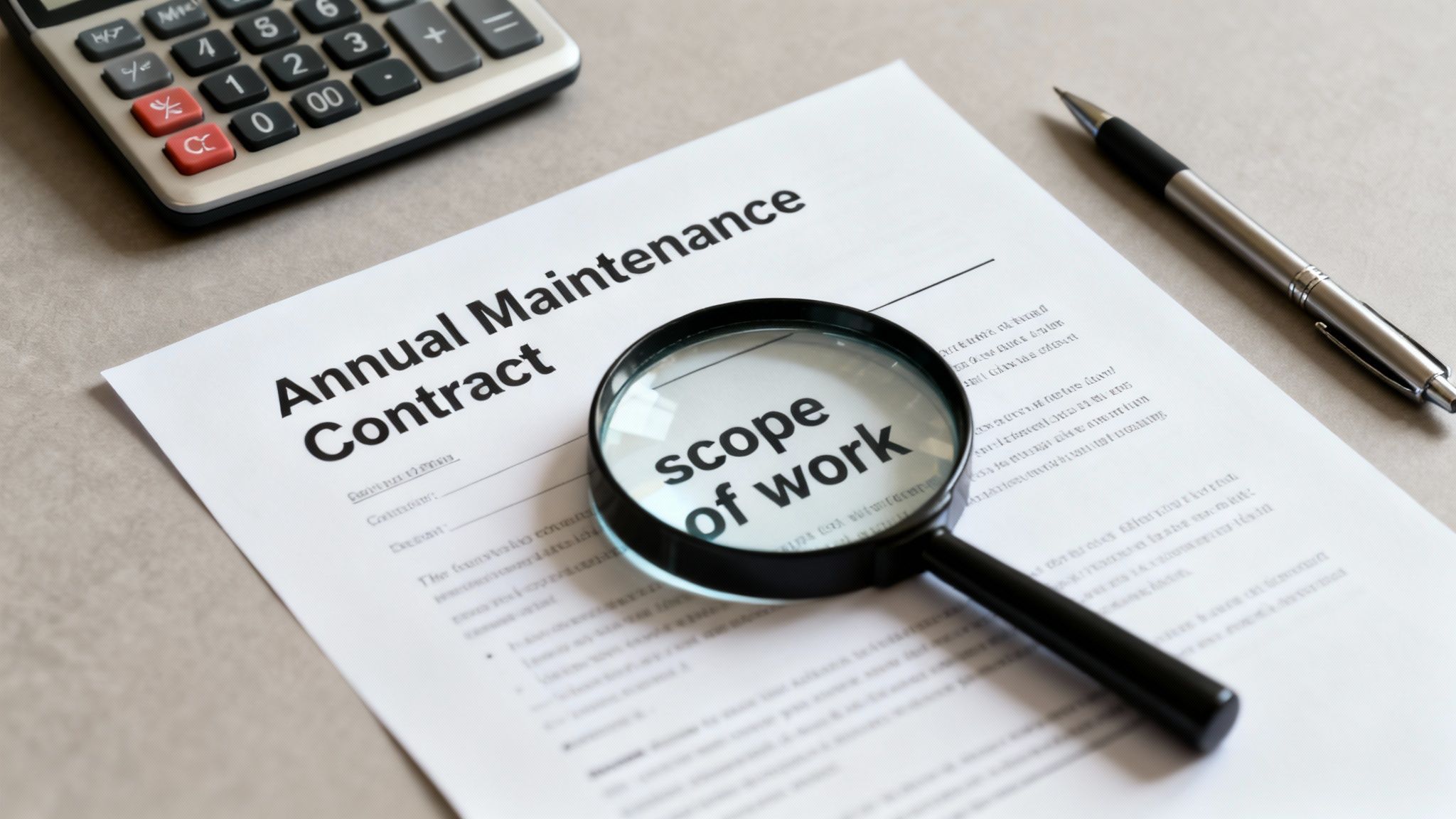 A magnifying glass on an 'Annual Maintenance Contract' document highlighting 'scope of work' with a calculator and pen.