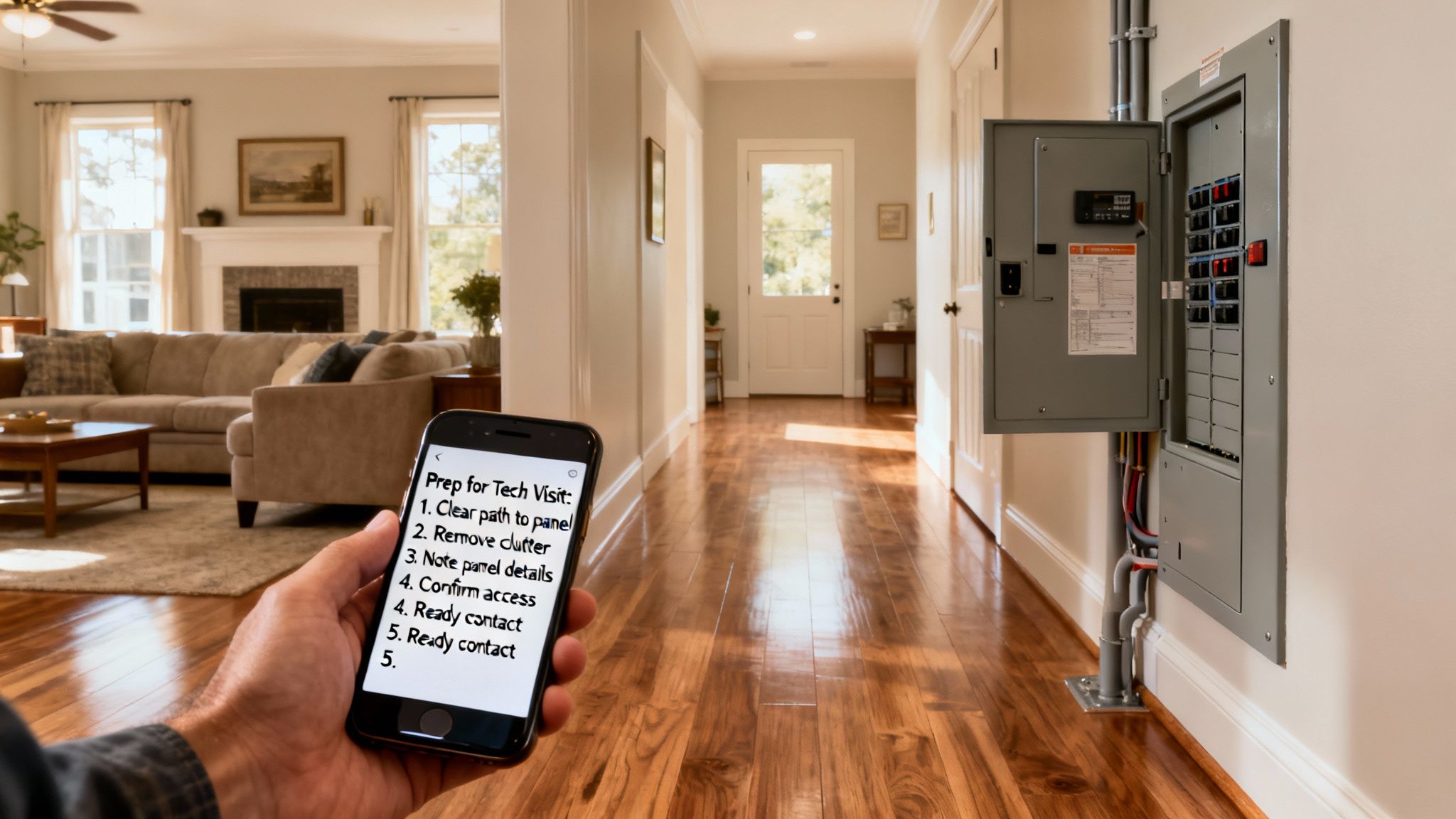 A hand holds a smartphone displaying a 'Prep for Tech Visit' checklist next to an open electrical panel.