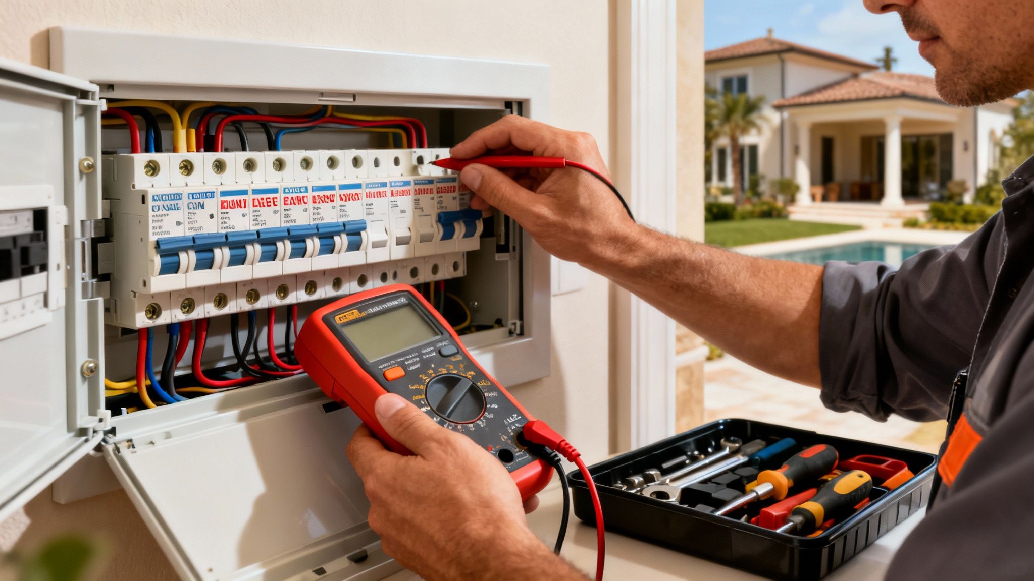 Electrician troubleshooting a circuit breaker panel with a multimeter, background shows a luxury house with a pool.