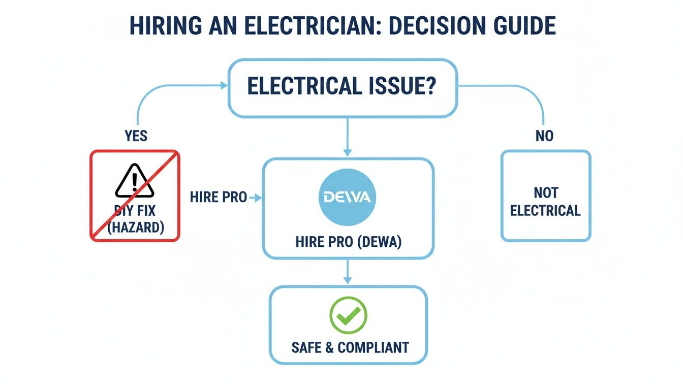 Decision guide flowchart on hiring an electrician, highlighting electrical issues, DIY hazards, and professional DEWA solutions.