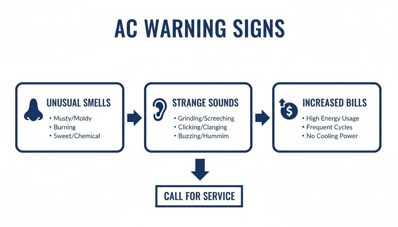 Flowchart outlining AC warning signs: unusual smells, strange sounds, and increased bills, requiring service.