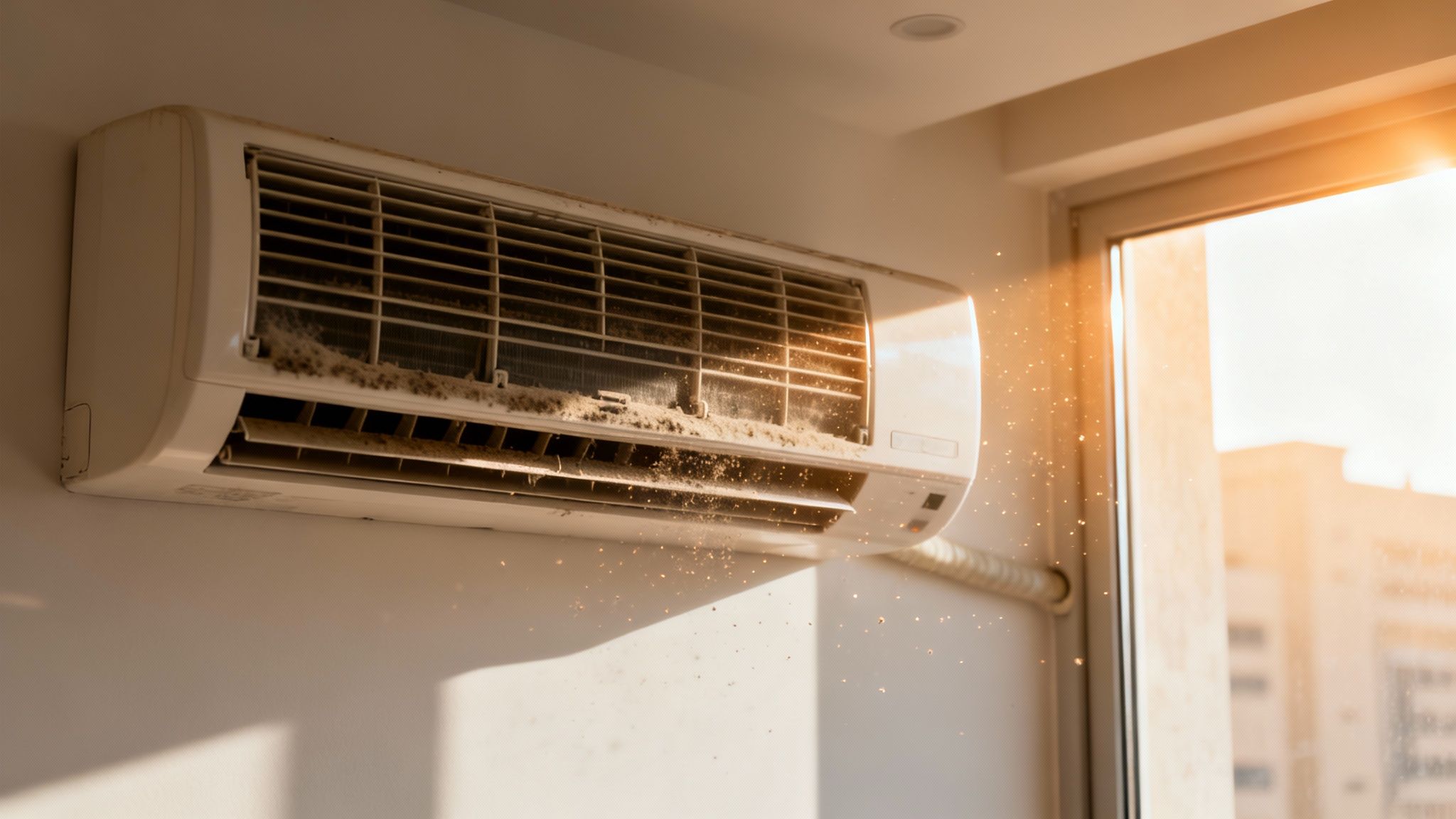 A very dusty and dirty wall-mounted air conditioner blowing out particles in sunlight.