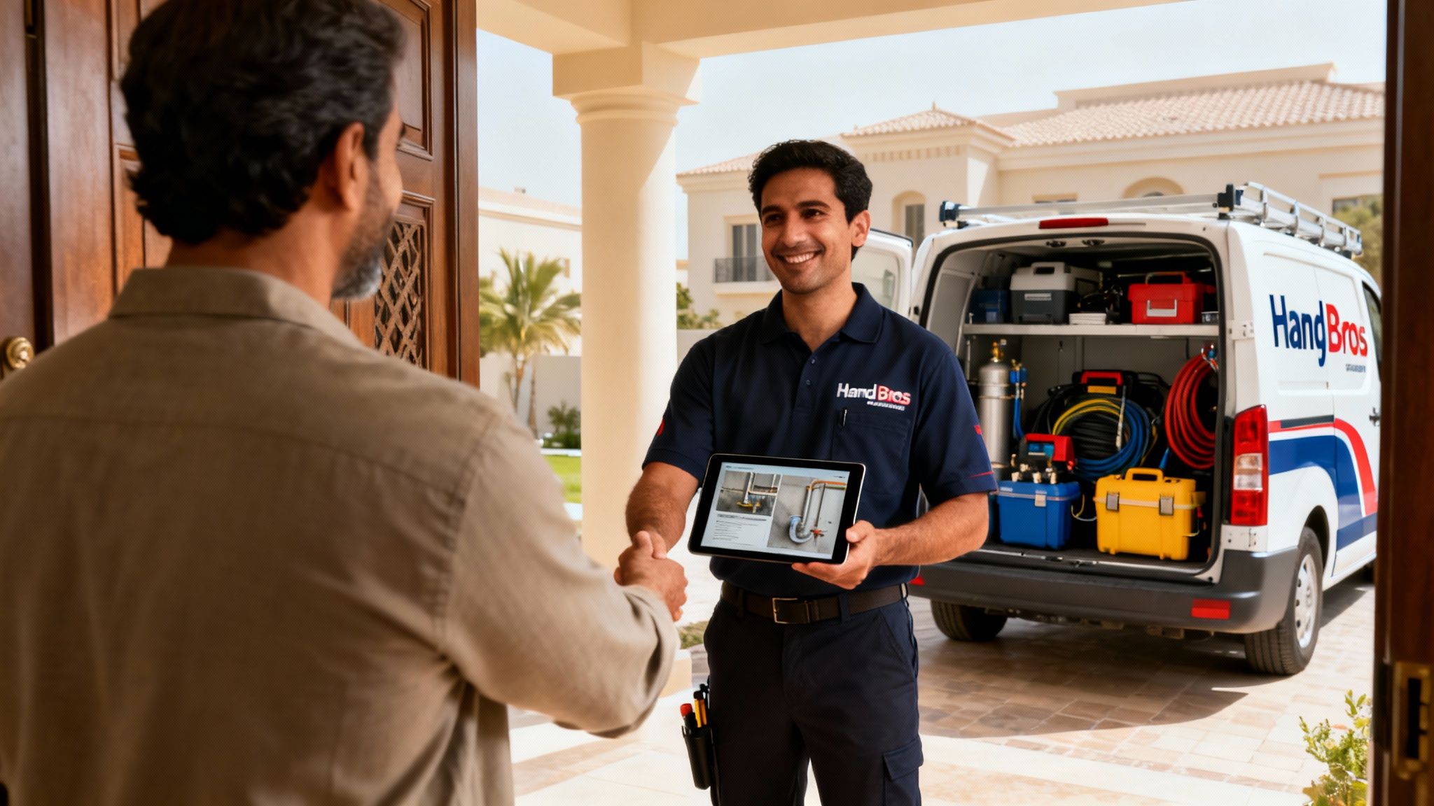 Plumbing technician shakes hands with customer, displaying service details on a tablet.