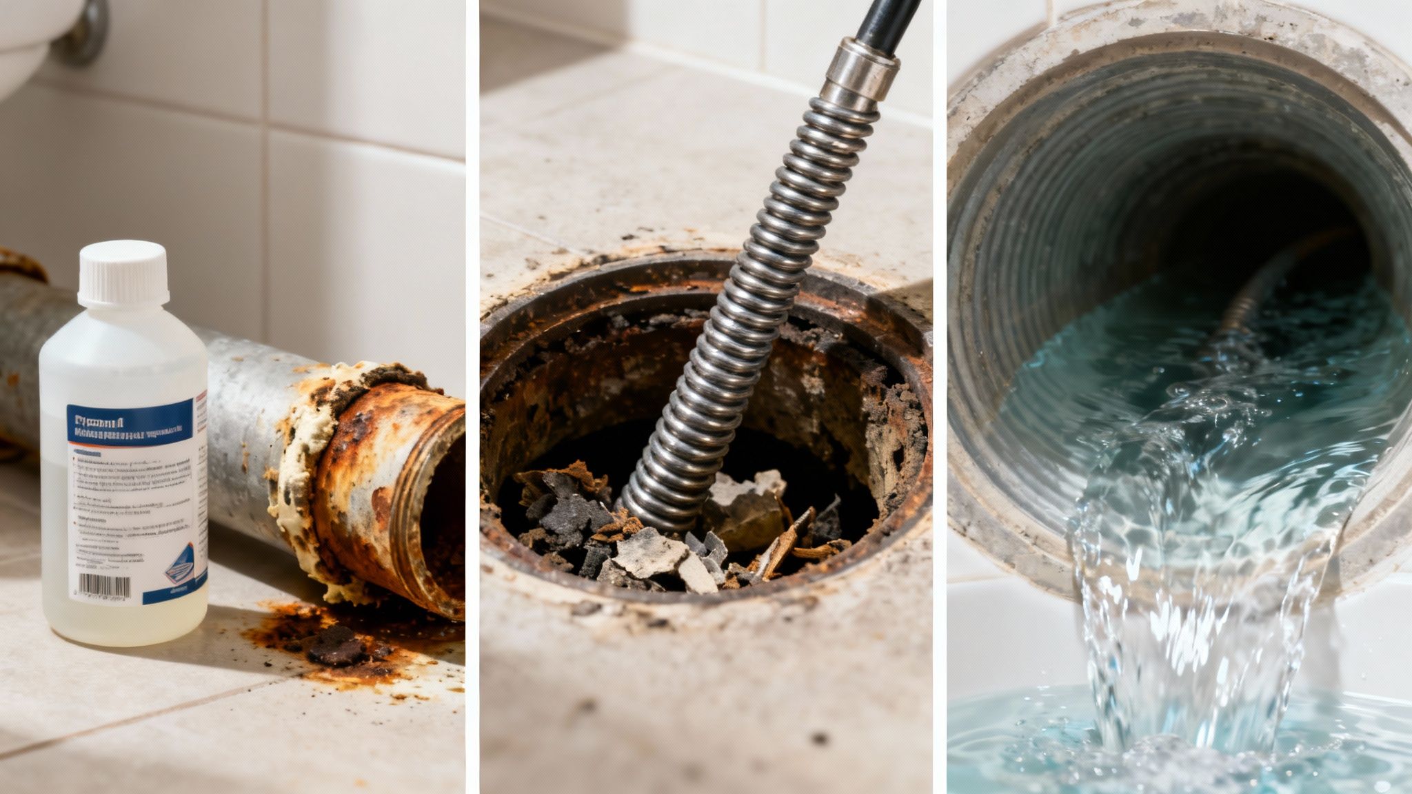 Three panels showing drain cleaning: a corroded pipe with a cleaner bottle, a snake in a clogged drain, and clean water flowing.