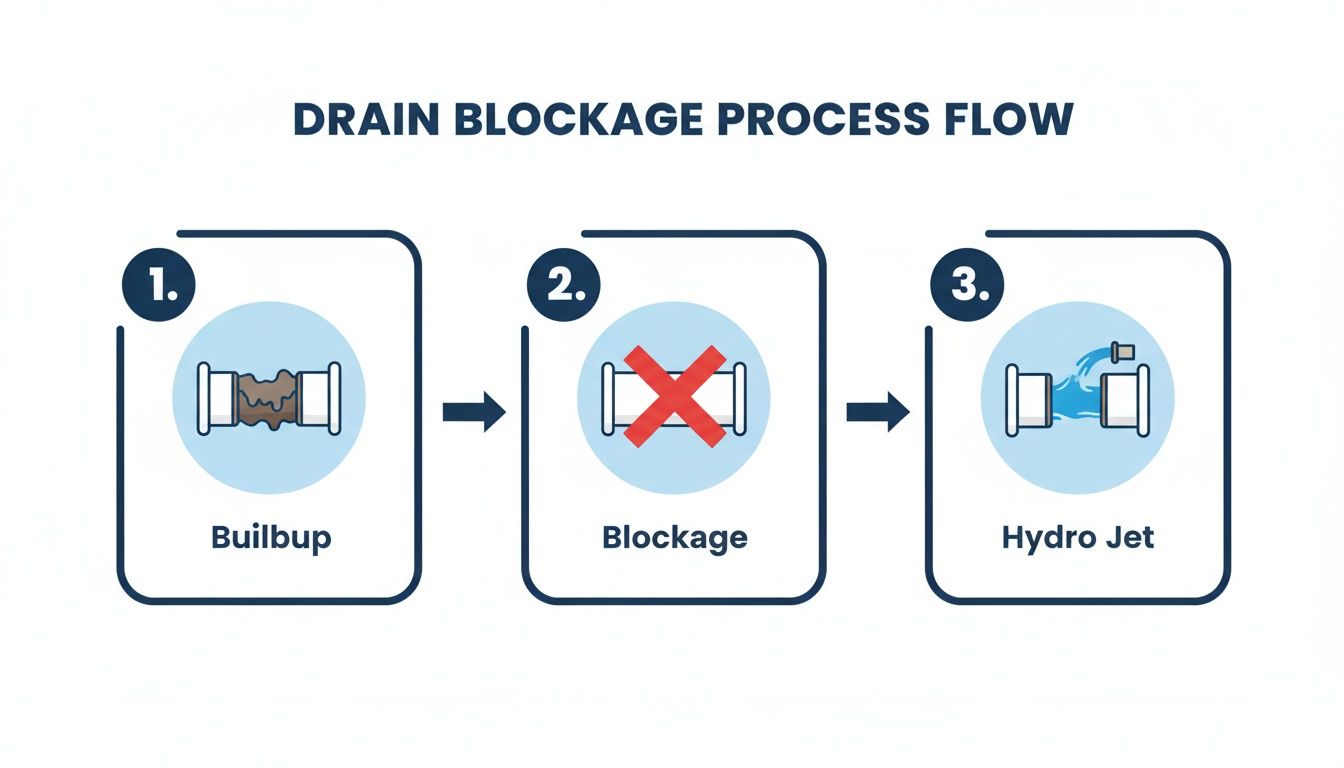 Infographic showing a three-step drain blockage process: buildup, complete blockage, and hydro jet cleaning.
