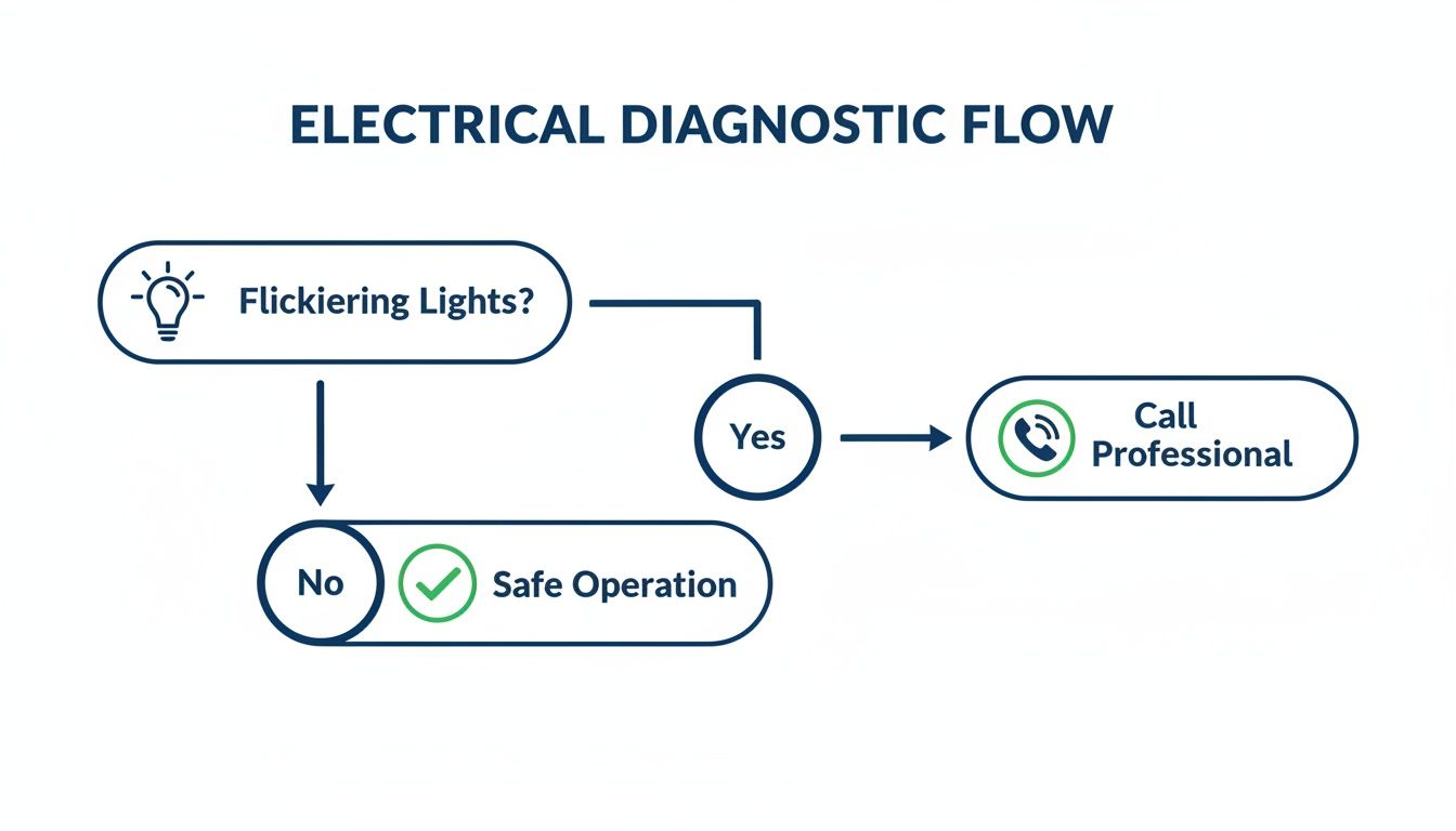 Flowchart for electrical issues: check for flickering lights to determine safe operation or call a professional.
