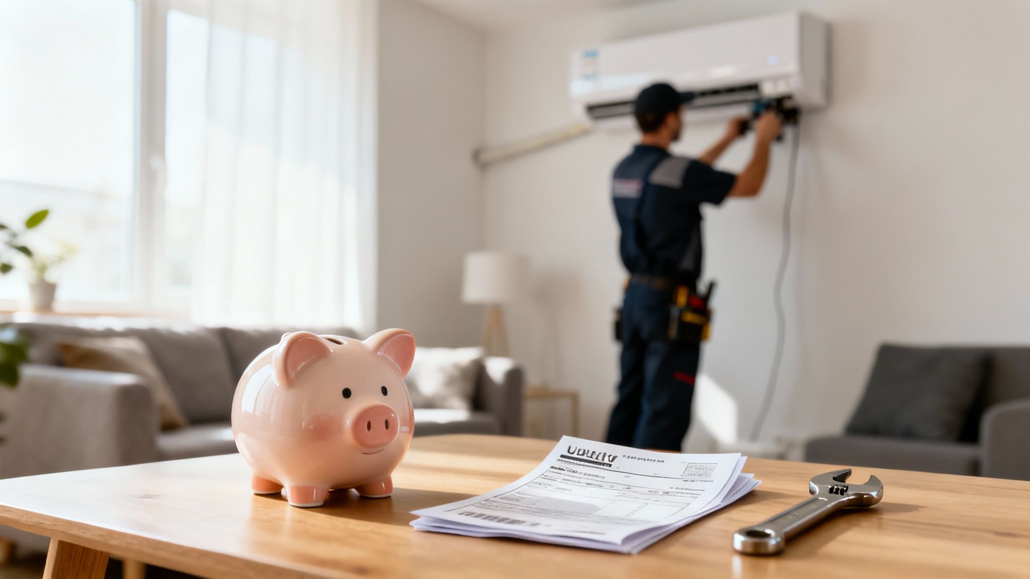 A pink piggy bank, utility bill, and wrench on a table, with a technician servicing an AC unit.