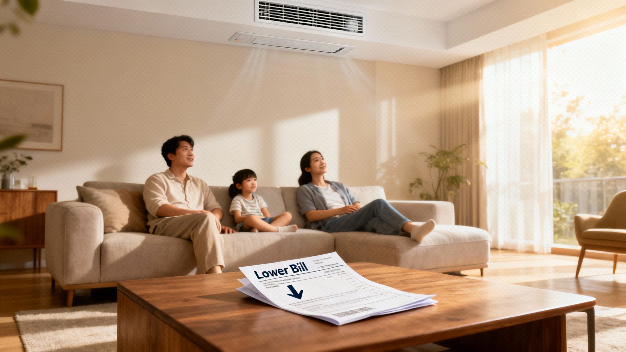 Family on sofa under ceiling air conditioner, celebrating a lower utility bill.