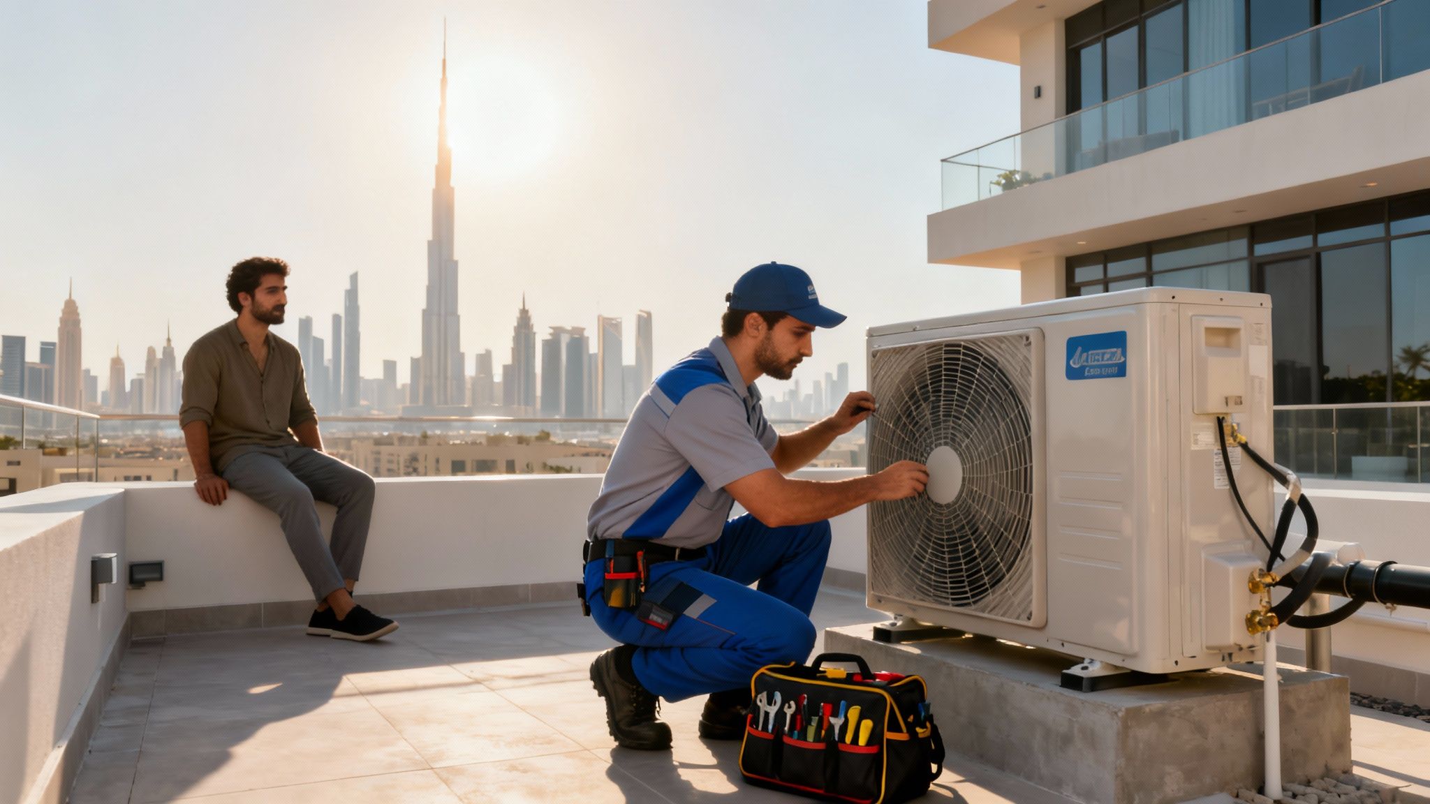 AC technician performing maintenance on a rooftop unit with a homeowner and Dubai city view.