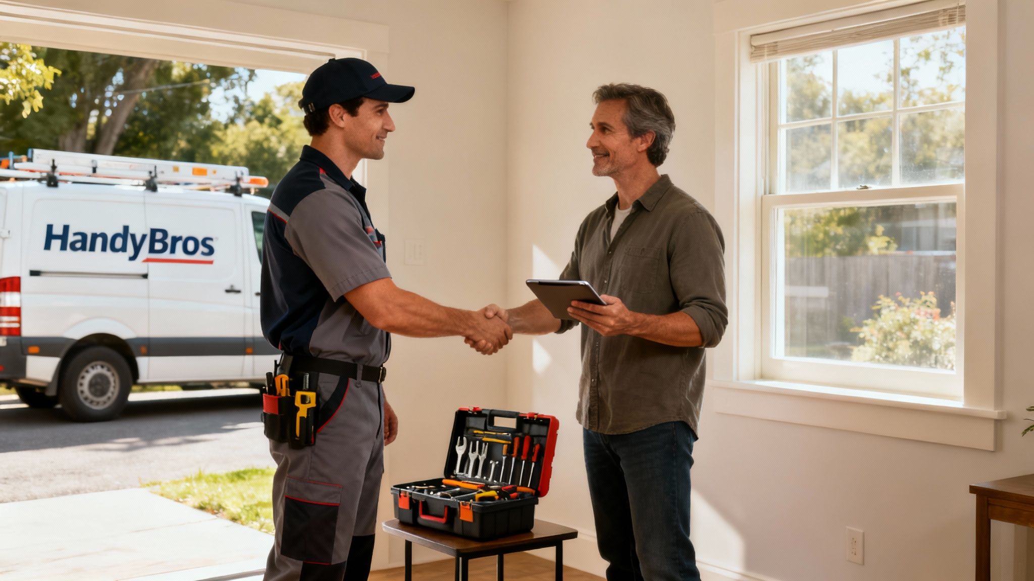 Professional HandyBros technician shaking hands with a smiling homeowner, ready for service.