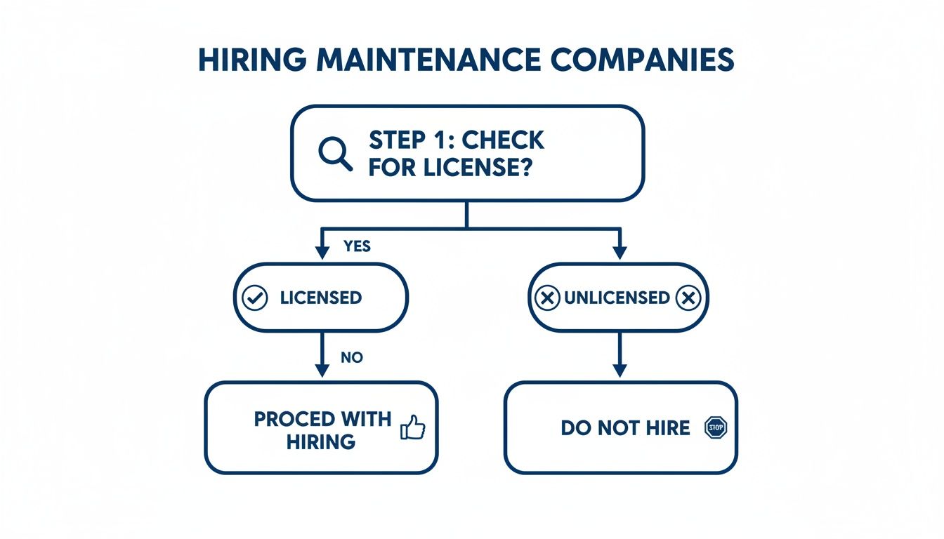 Flowchart for hiring maintenance companies, emphasizing checking for a license before proceeding.