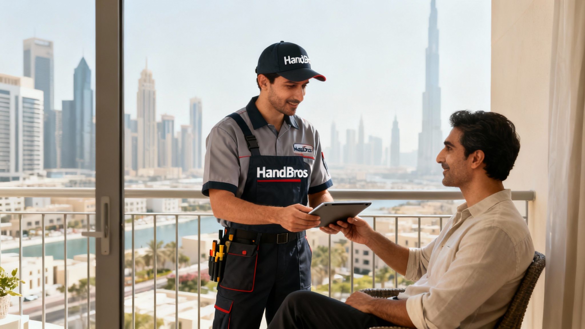 HandBros technician showing a tablet to a happy customer on a Dubai balcony with skyline view.