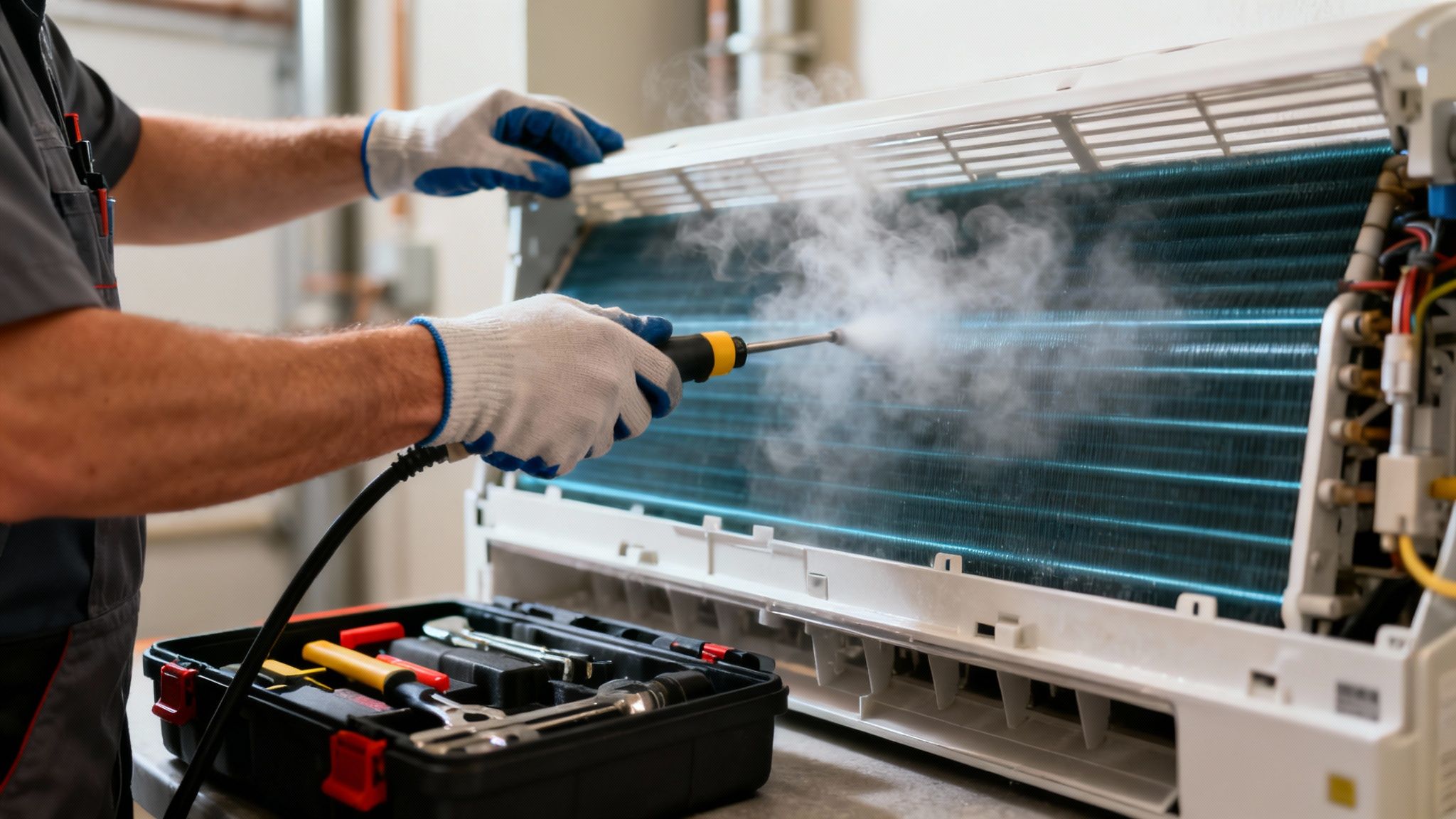 Close-up of a worker in gloves steam cleaning the coils of an open air conditioning unit.