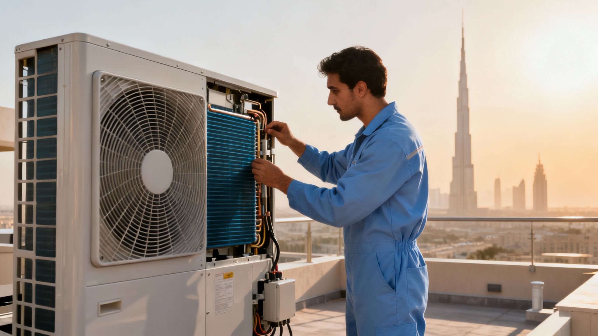 An HVAC technician in a blue uniform repairing an outdoor AC unit on a rooftop in Dubai, with the Burj Khalifa in the background.
