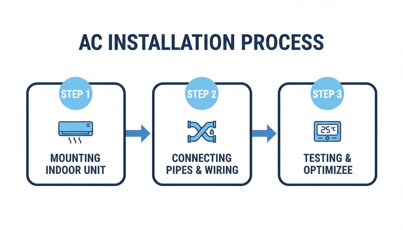 Infographic showing the three-step AC installation process: mounting unit, connecting pipes, and testing.