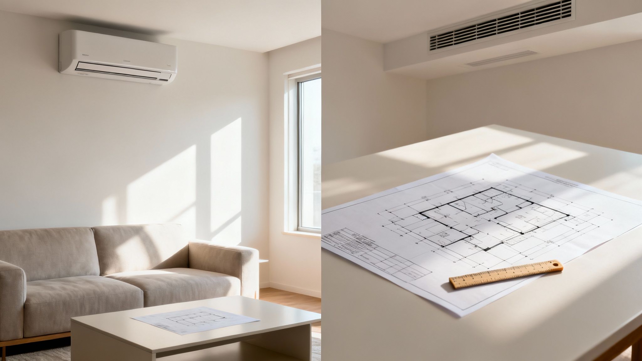 A modern room featuring a wall-mounted air conditioner and a desk with an architectural blueprint, along with a ceiling vent.