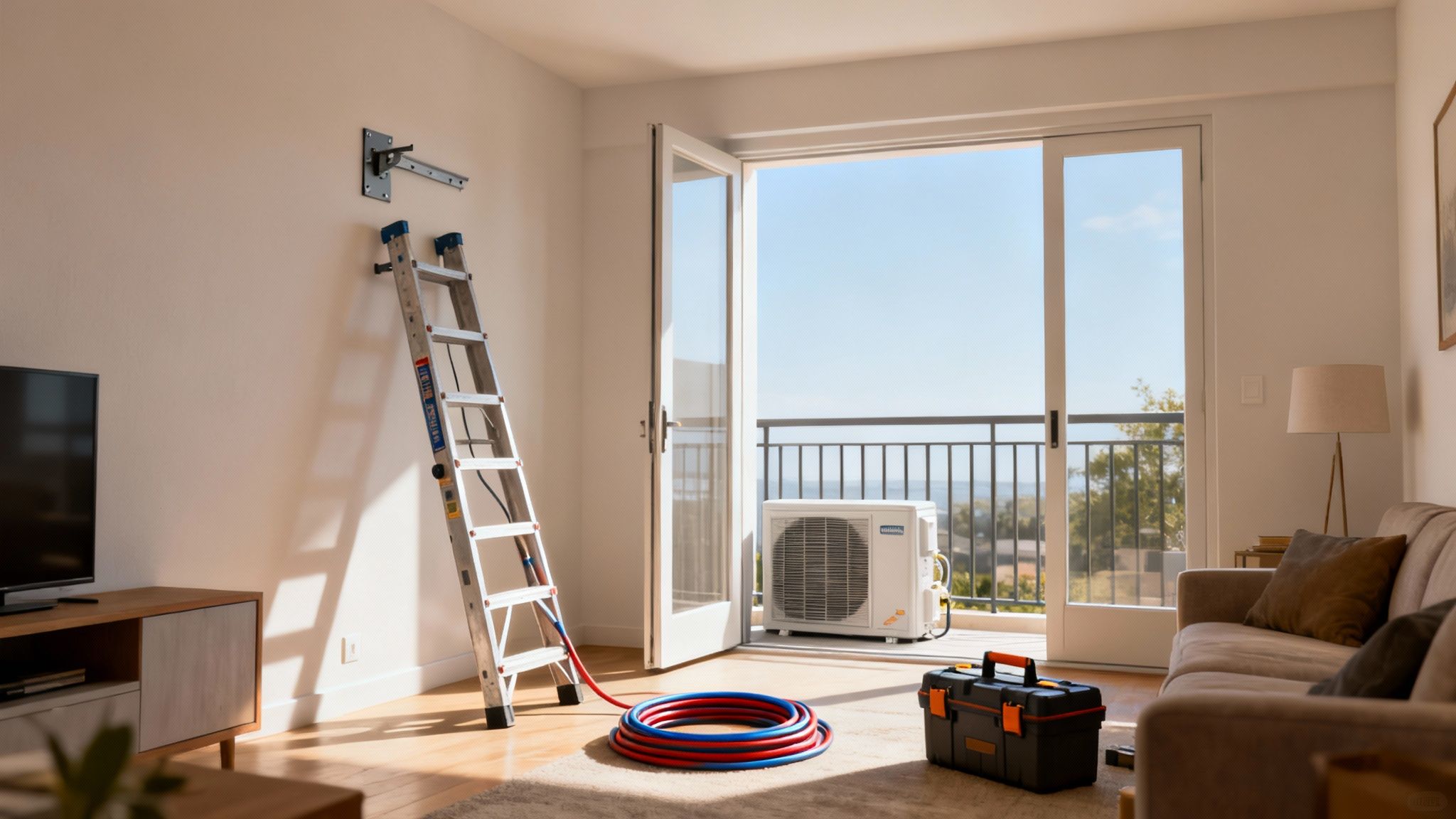 A living room scene with an air conditioning unit on a balcony, a ladder, and tools for installation.