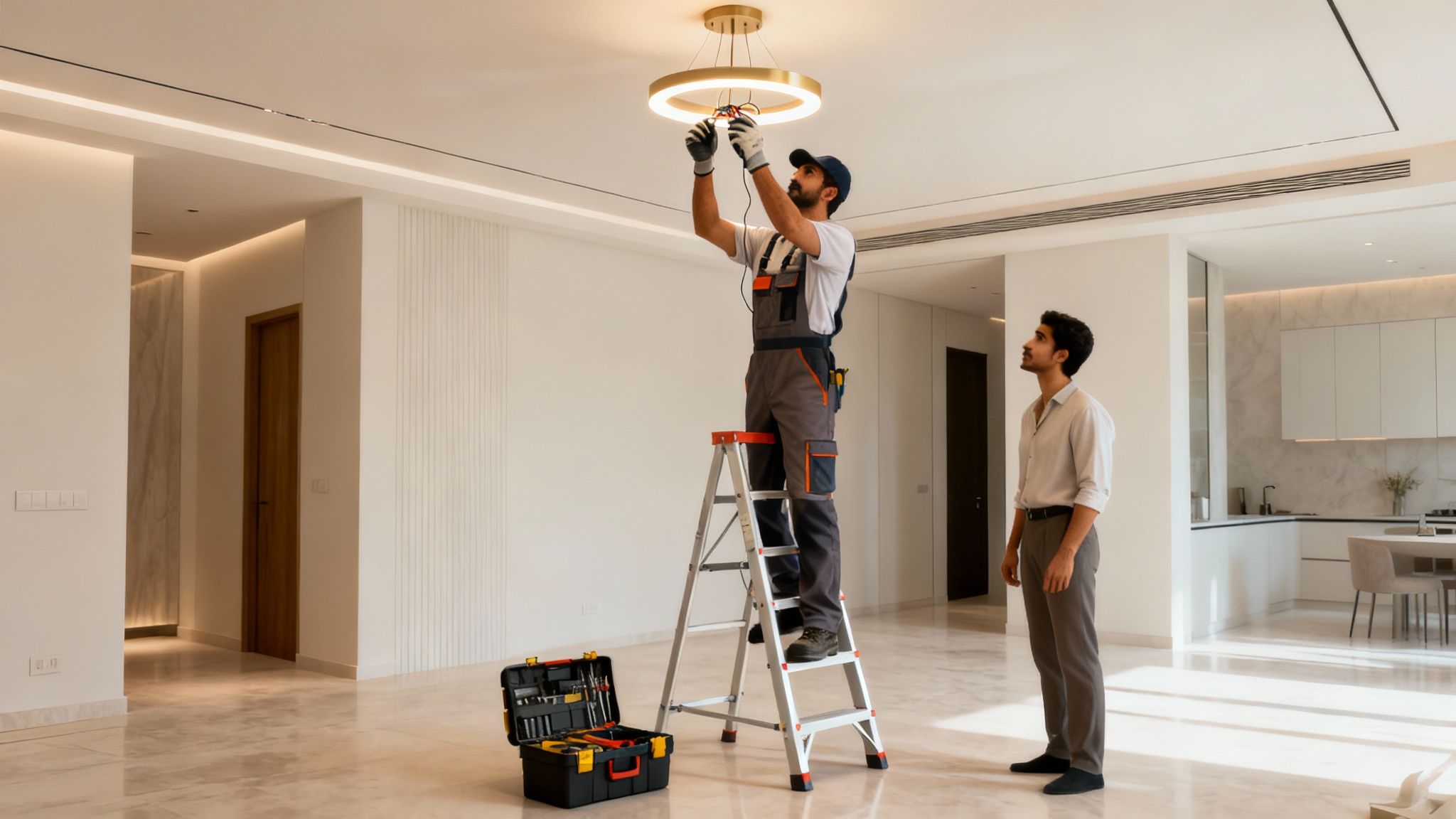 Electrician installing a modern ring light fixture in a newly built home, watched by a client.