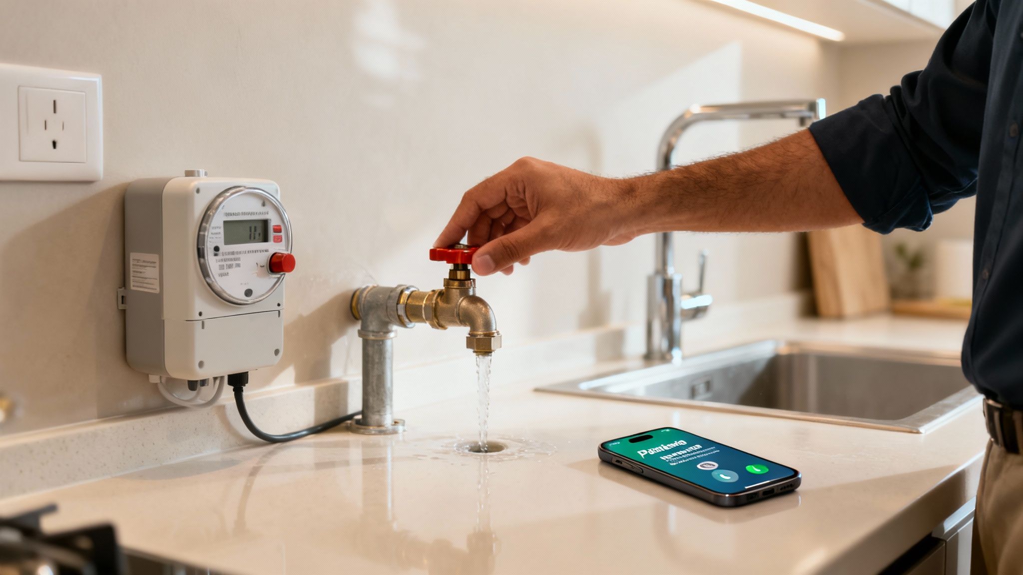 Man's hand turning a kitchen water tap with water flowing and a water meter on the wall.