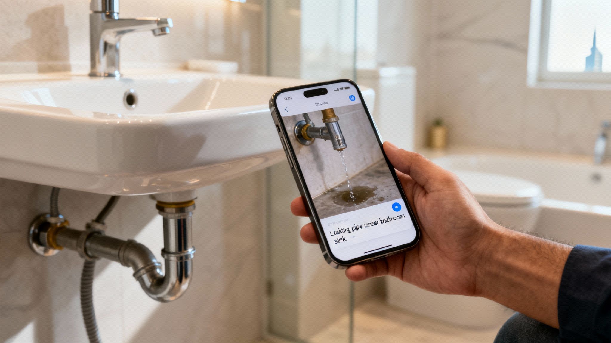 Person holding a smartphone displaying an image of a leaking pipe under a bathroom sink.