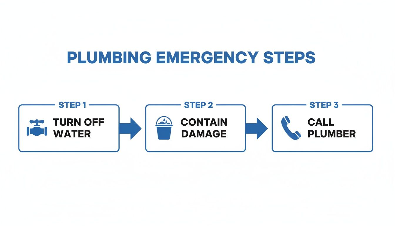 A clear infographic outlining three crucial steps for plumbing emergencies: turn off water, contain damage, and call a plumber.