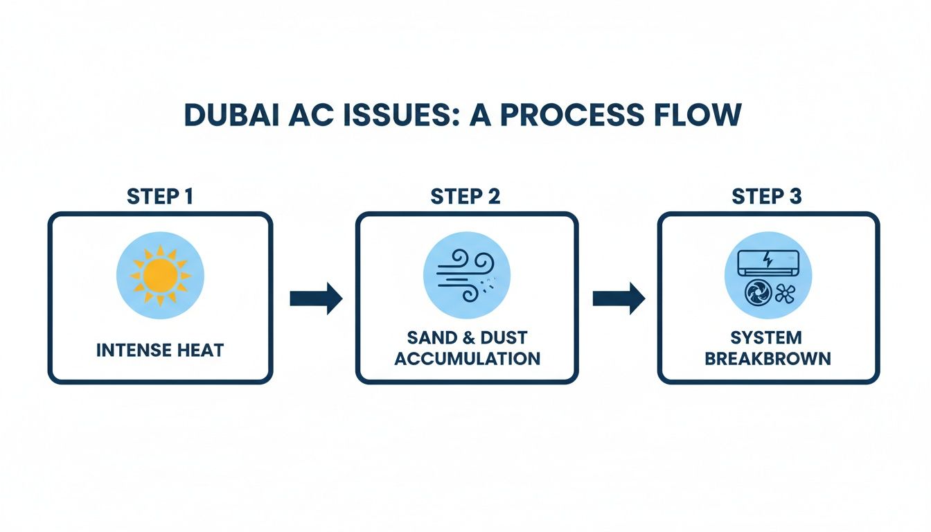 Process flow diagram illustrating Dubai AC issues: intense heat, sand and dust accumulation, leading to system breakdown.