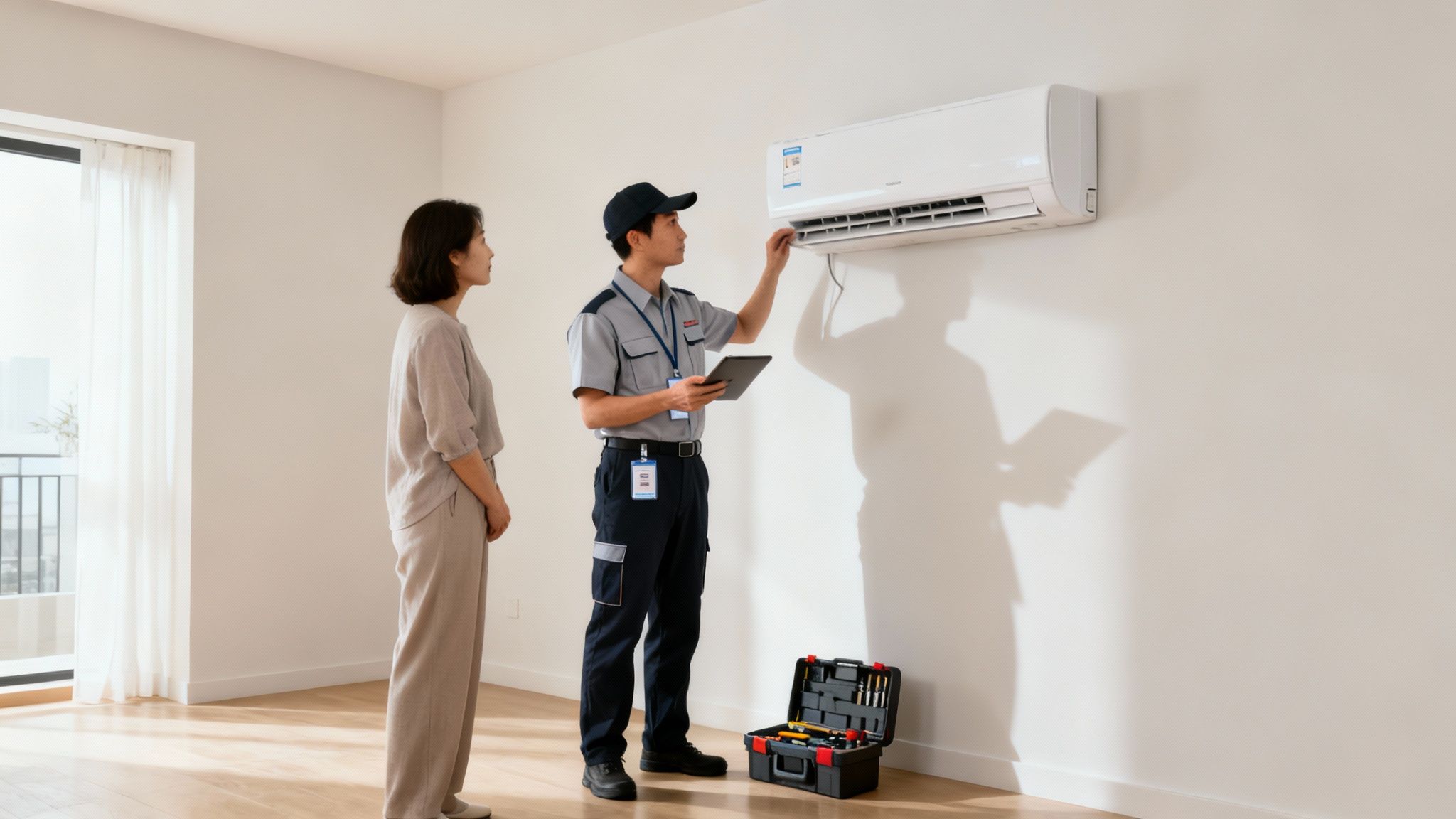 A service technician in uniform inspecting an air conditioner unit on a white wall while a woman watches.