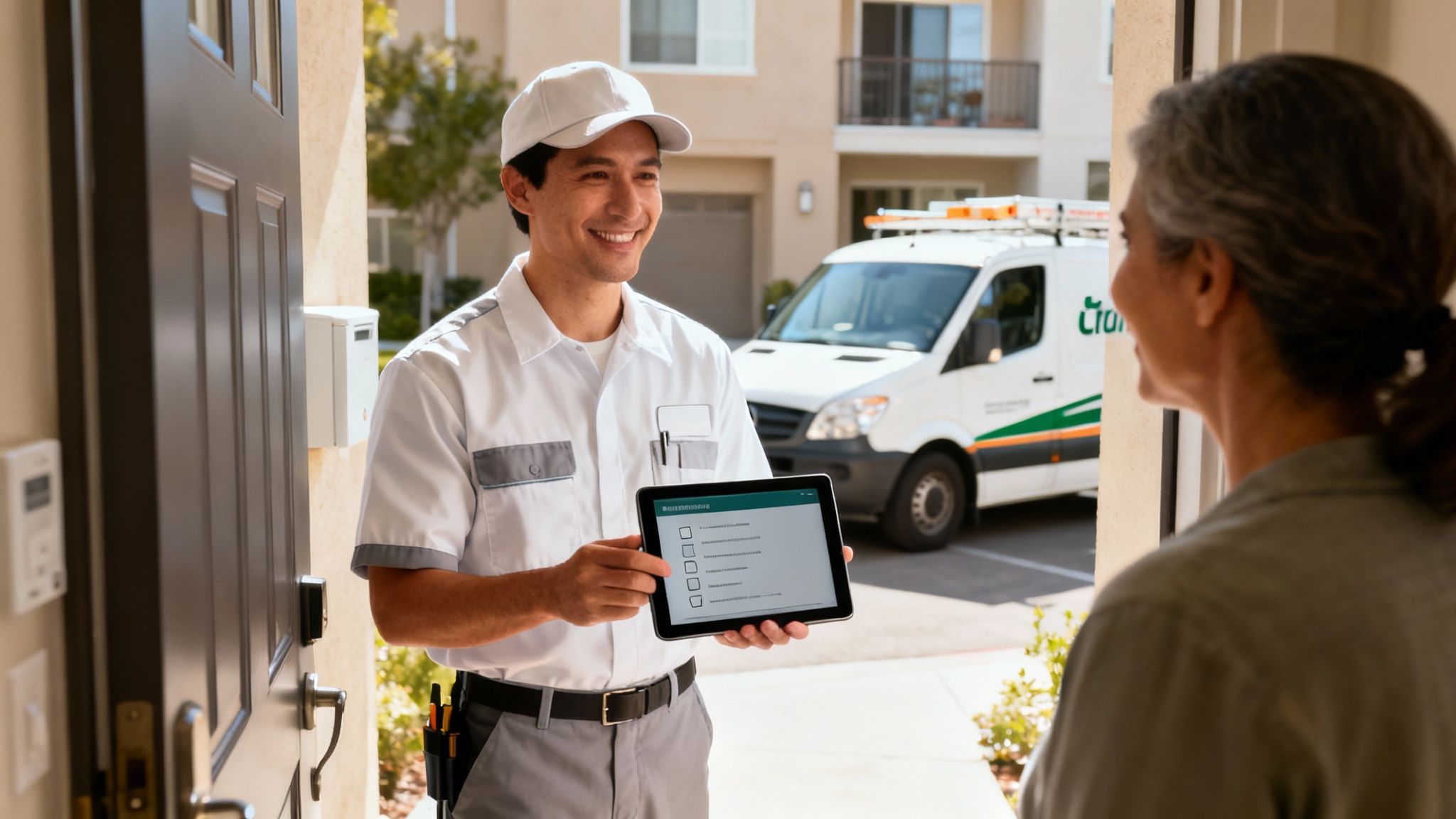 A friendly technician in uniform presents a tablet with a checklist to a customer at her door.