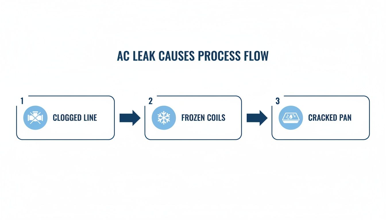 Process flow diagram illustrating AC leak causes: a clogged line leads to frozen coils, which then cause a cracked pan.