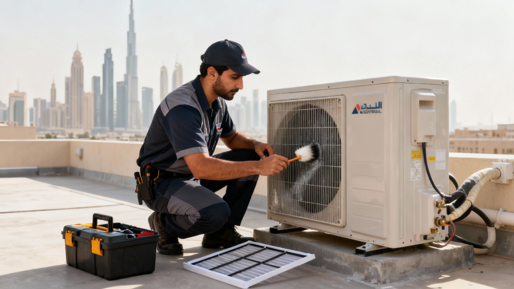An HVAC technician cleaning an outdoor AC unit on a rooftop in a city setting.