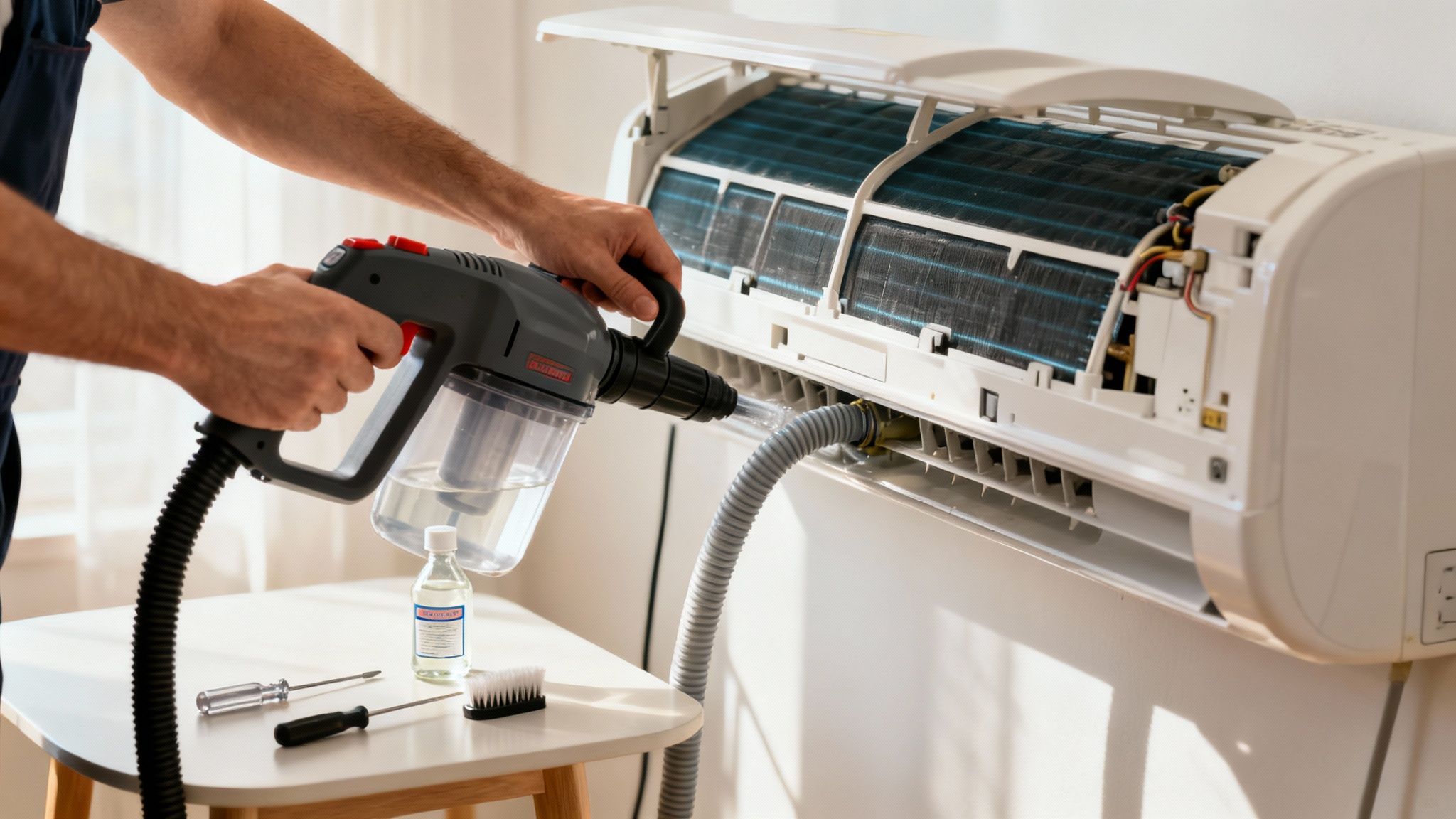 Professional cleaning an open air conditioner unit with a wet vacuum to prevent water leaks.