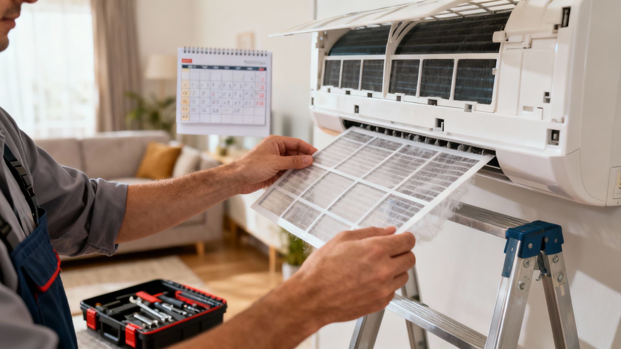 A technician carefully removes a heavily soiled air conditioning filter from a wall-mounted AC unit.