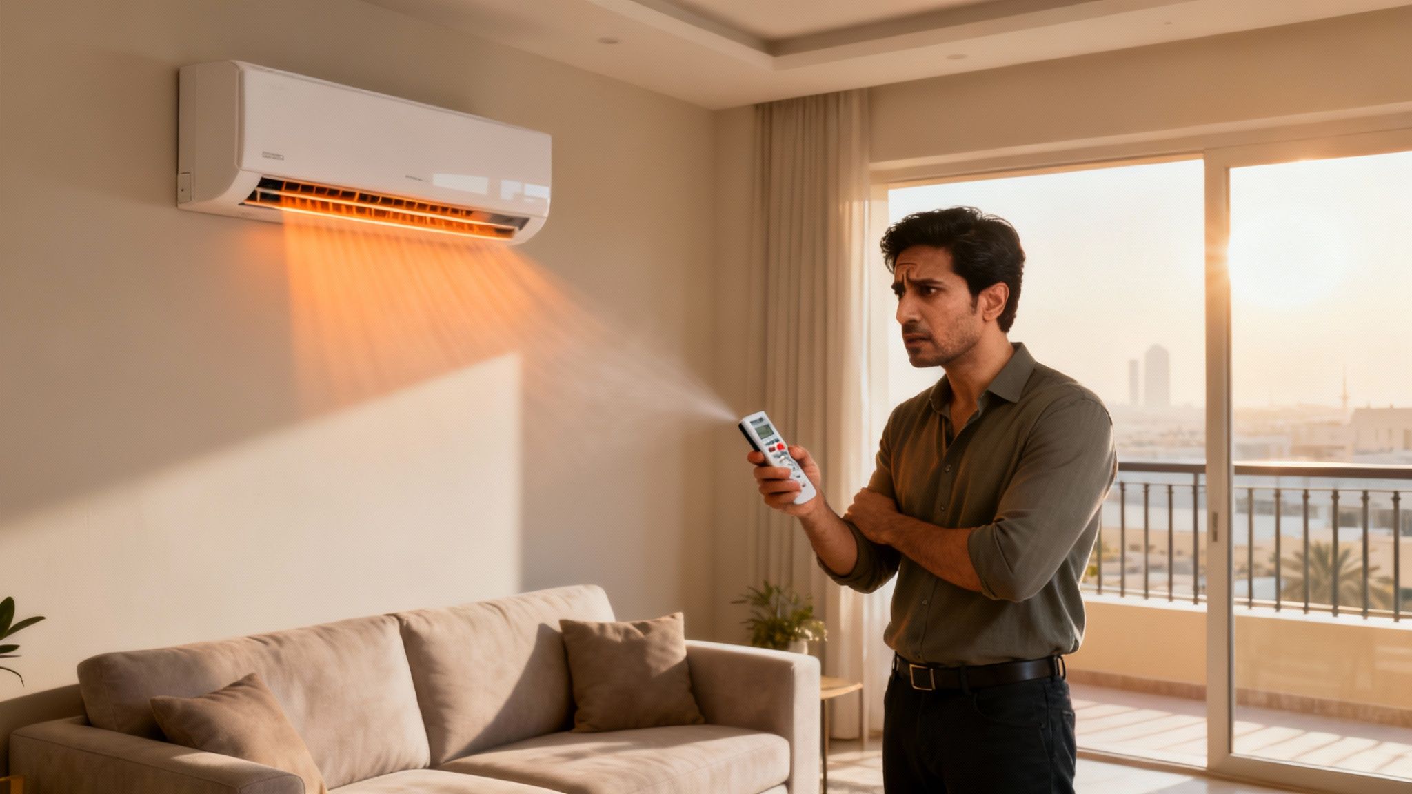 A frustrated man holds a remote, looking at an AC unit emitting warm orange air in a living room.