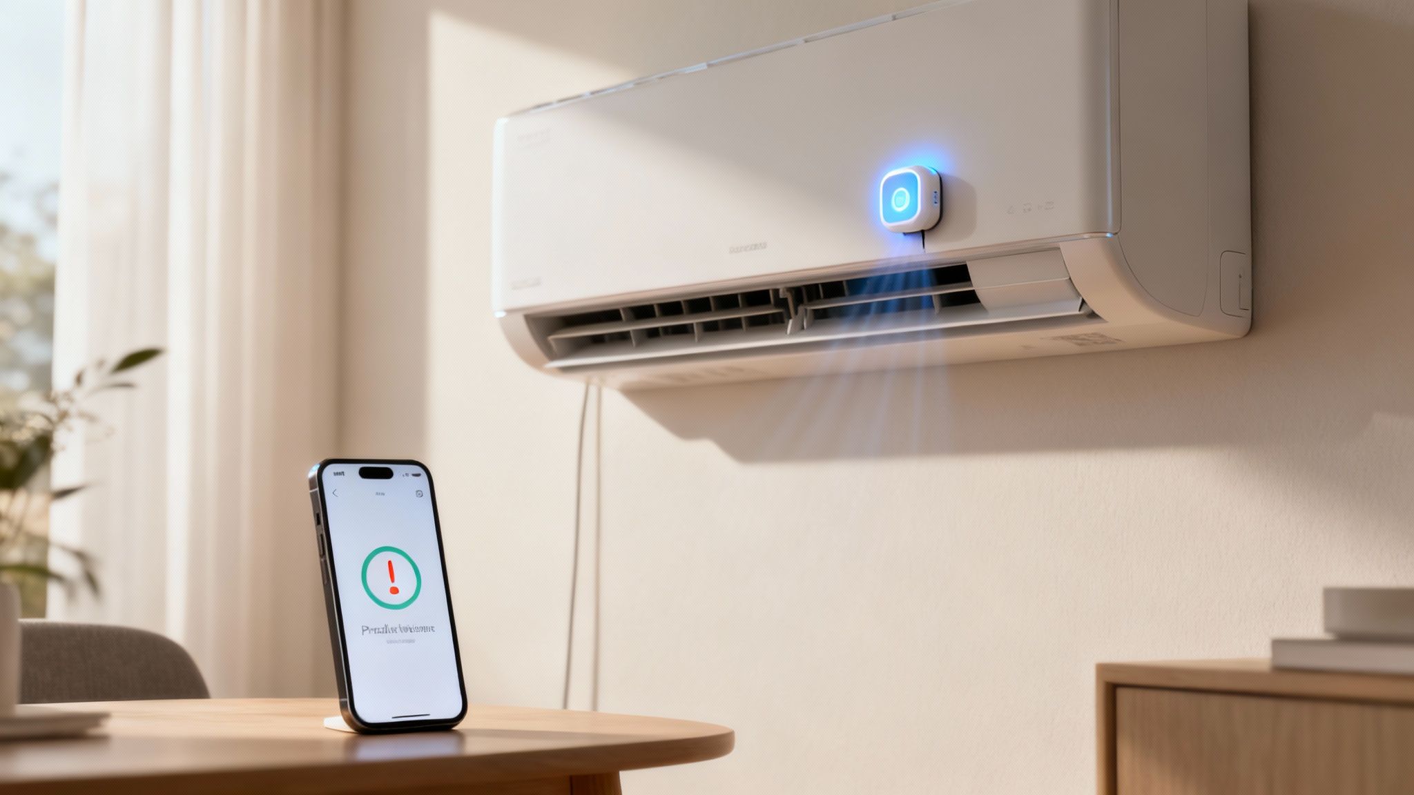 A white air conditioner with a glowing blue smart device and a phone displaying an alert.