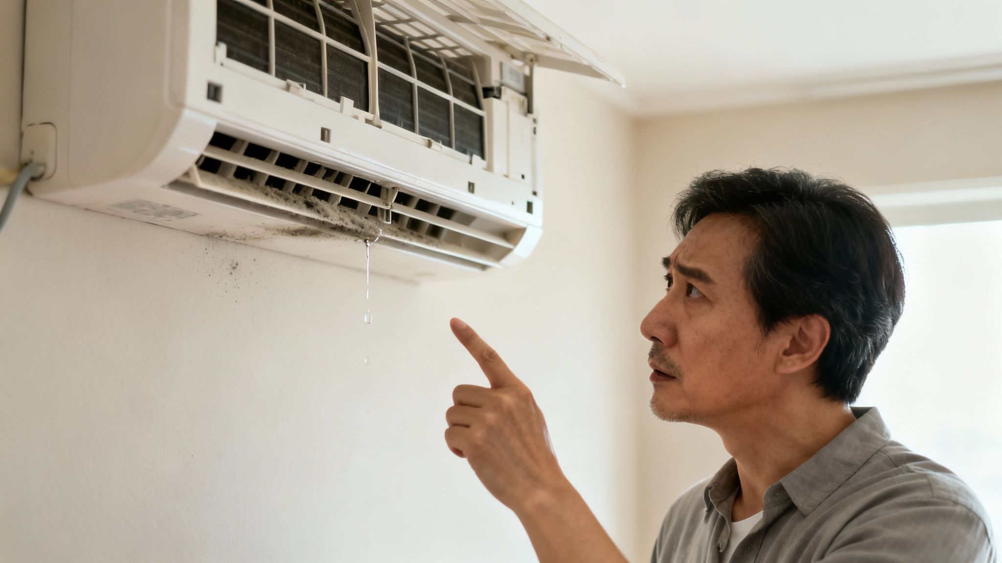 Concerned man pointing at a dirty, leaking air conditioner with water dripping onto the wall.