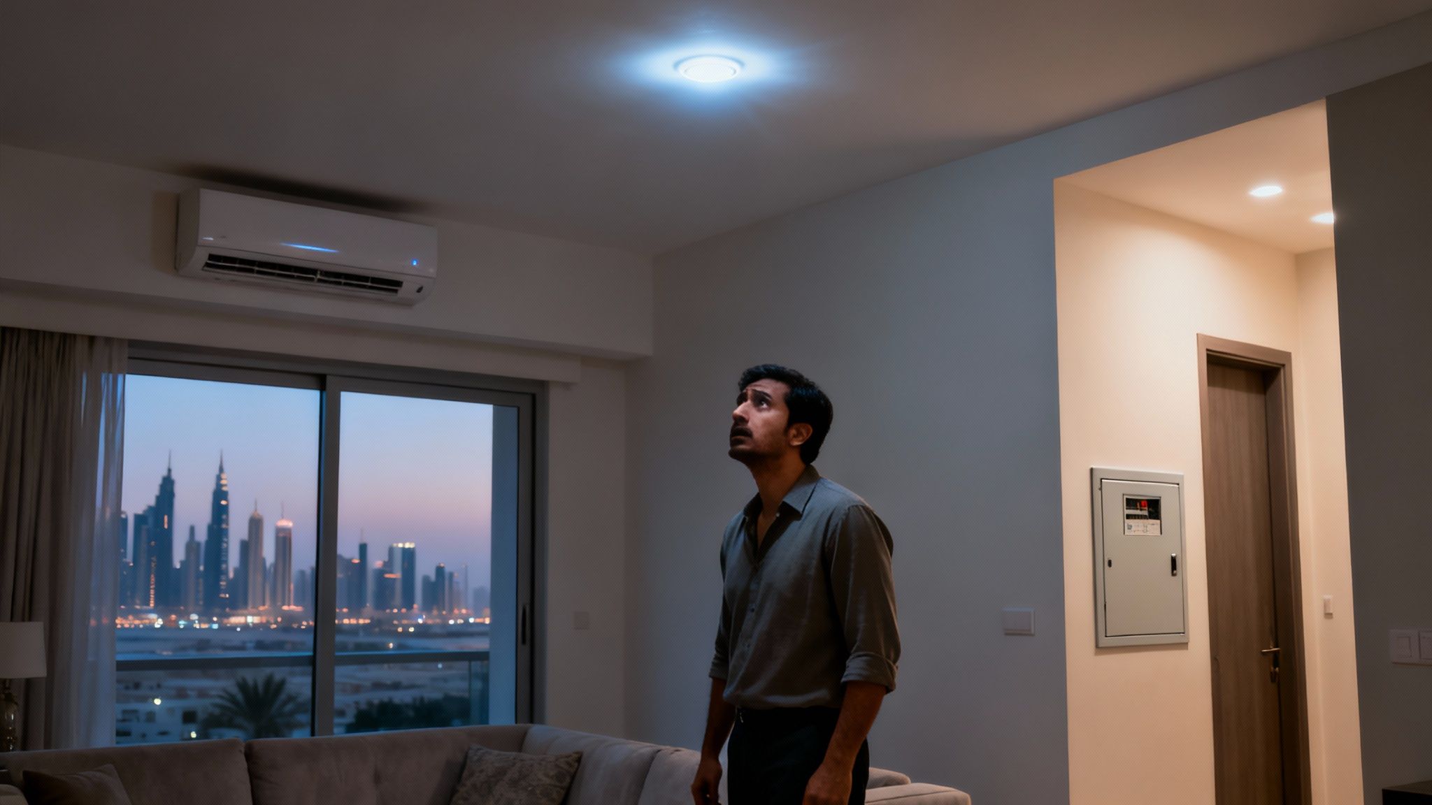 Inside a modern apartment, a man looks up at a glowing ceiling light, concerned.