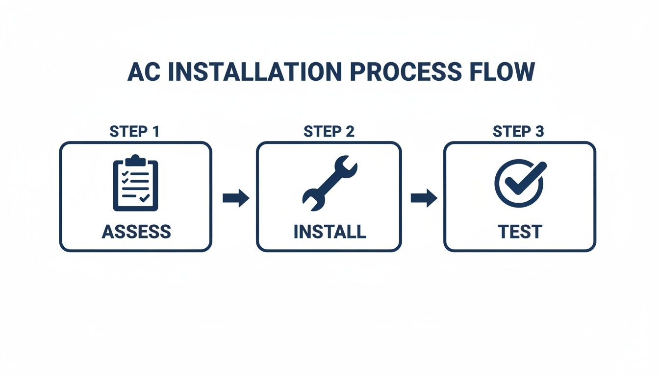 A three-step AC installation process flow diagram showing assess, install, and test.