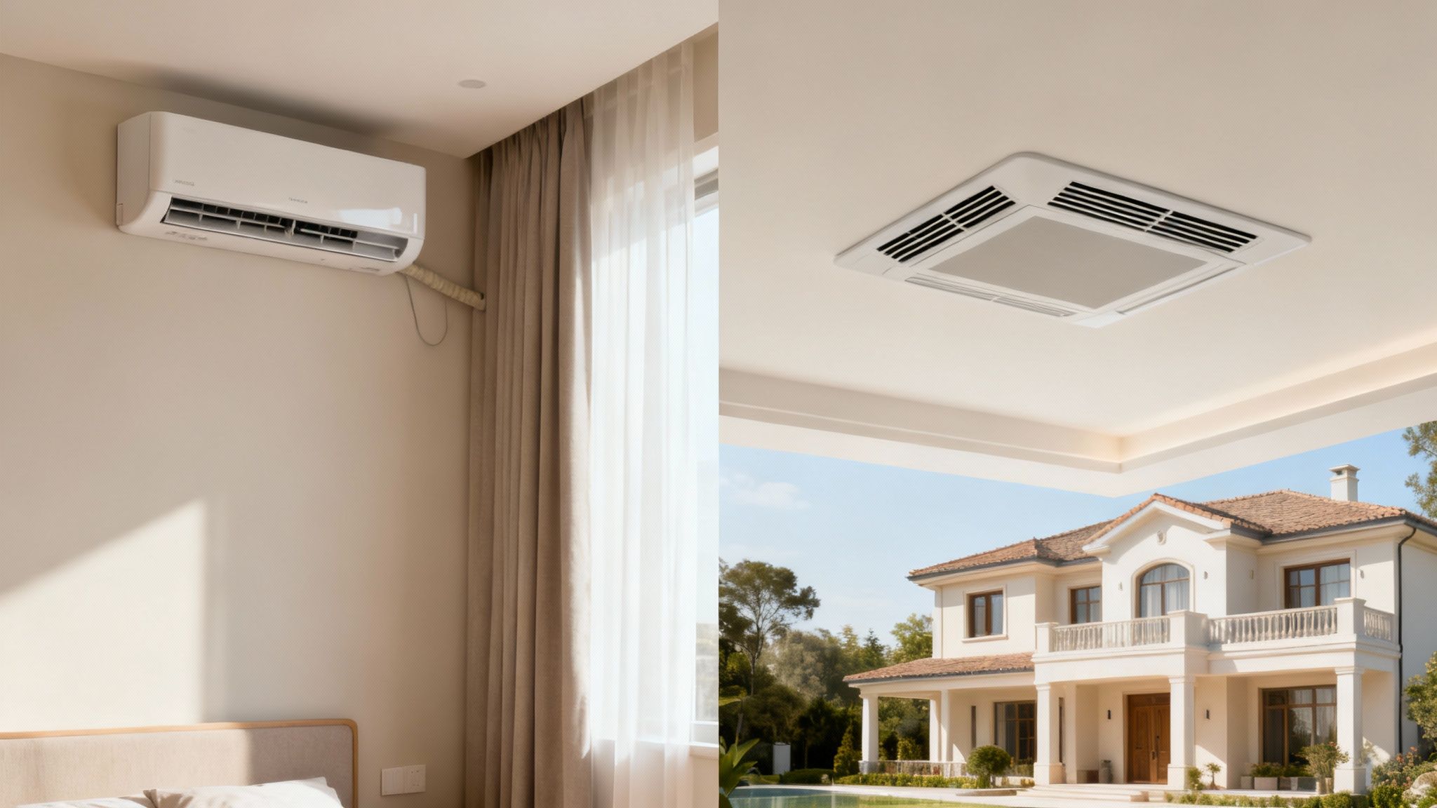 Two types of air conditioning units: a wall-mounted AC in a room and a ceiling cassette unit overlooking a house.