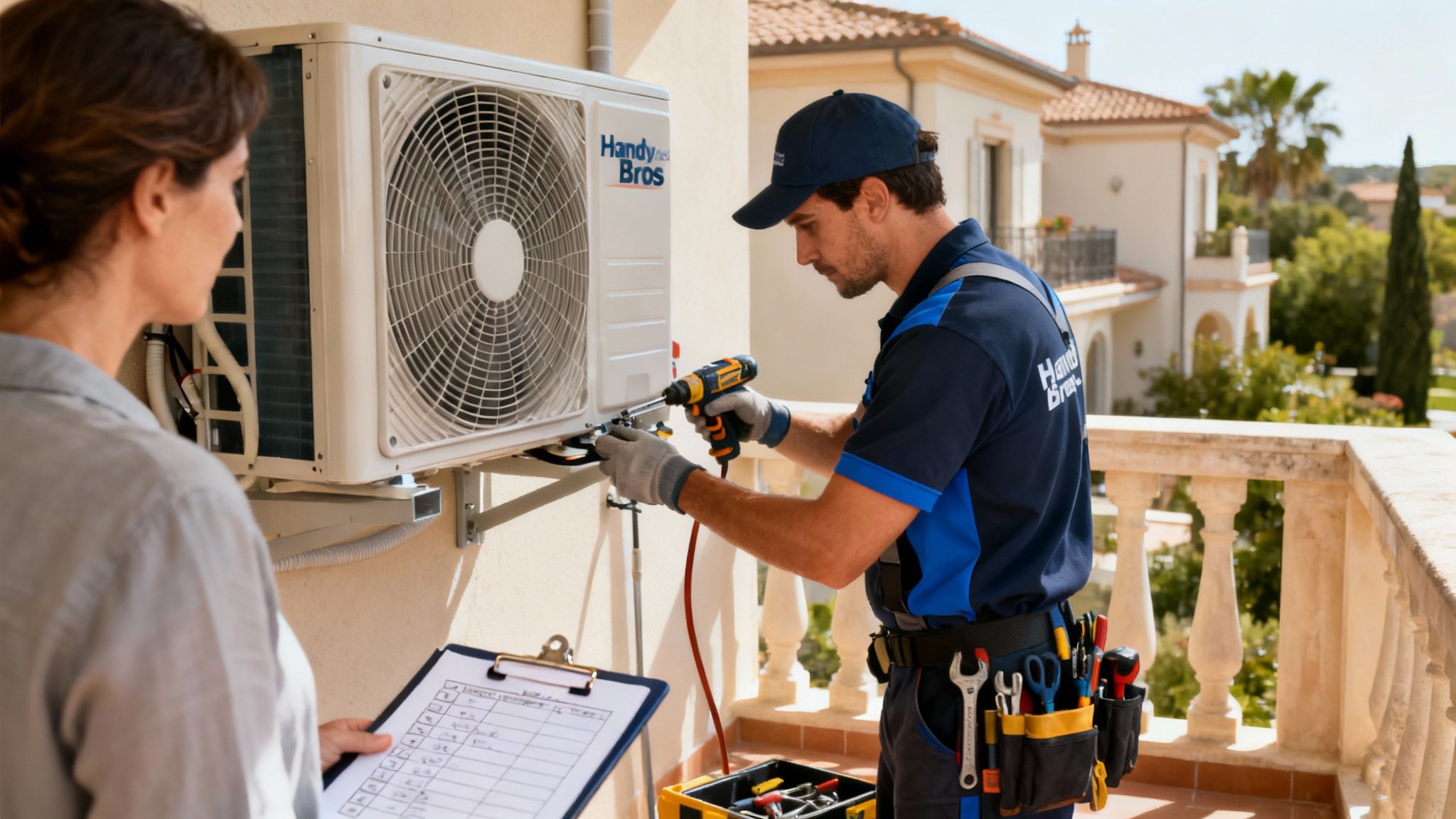 A technician installs an outdoor AC unit on a balcony, with a woman observing him.