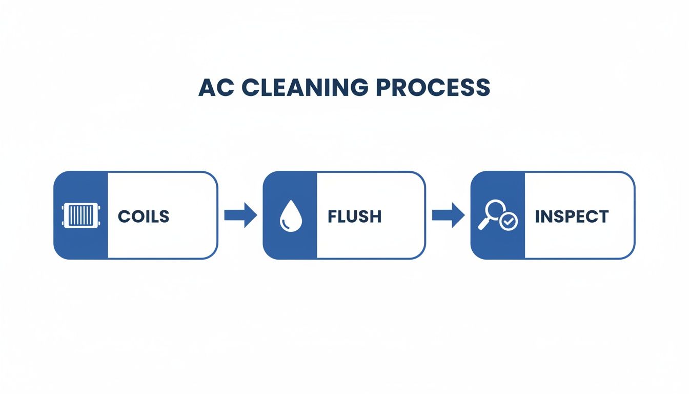 An infographic showing the AC cleaning process: coils, flush, and inspect steps.
