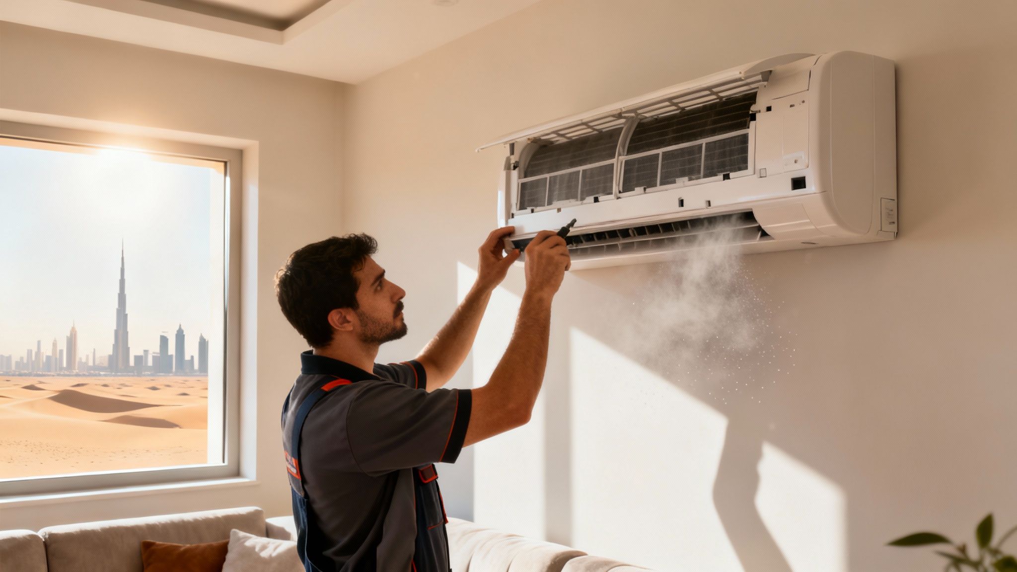 A technician cleans an conditioner, releasing dust, with a Dubai cityscape and desert view outside the window.