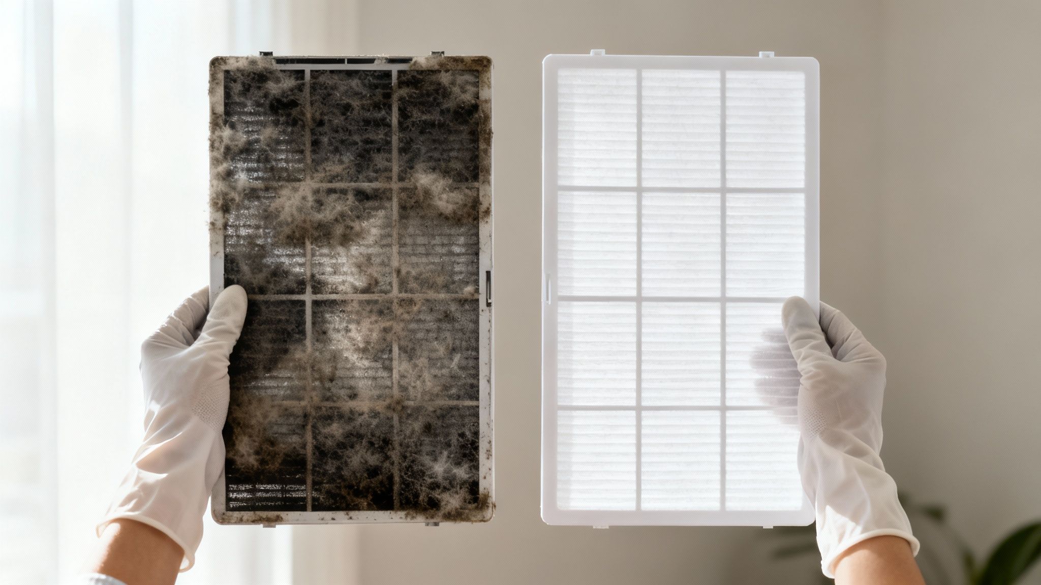 Comparison of a dirty and clean air conditioner filter held by gloved hands.