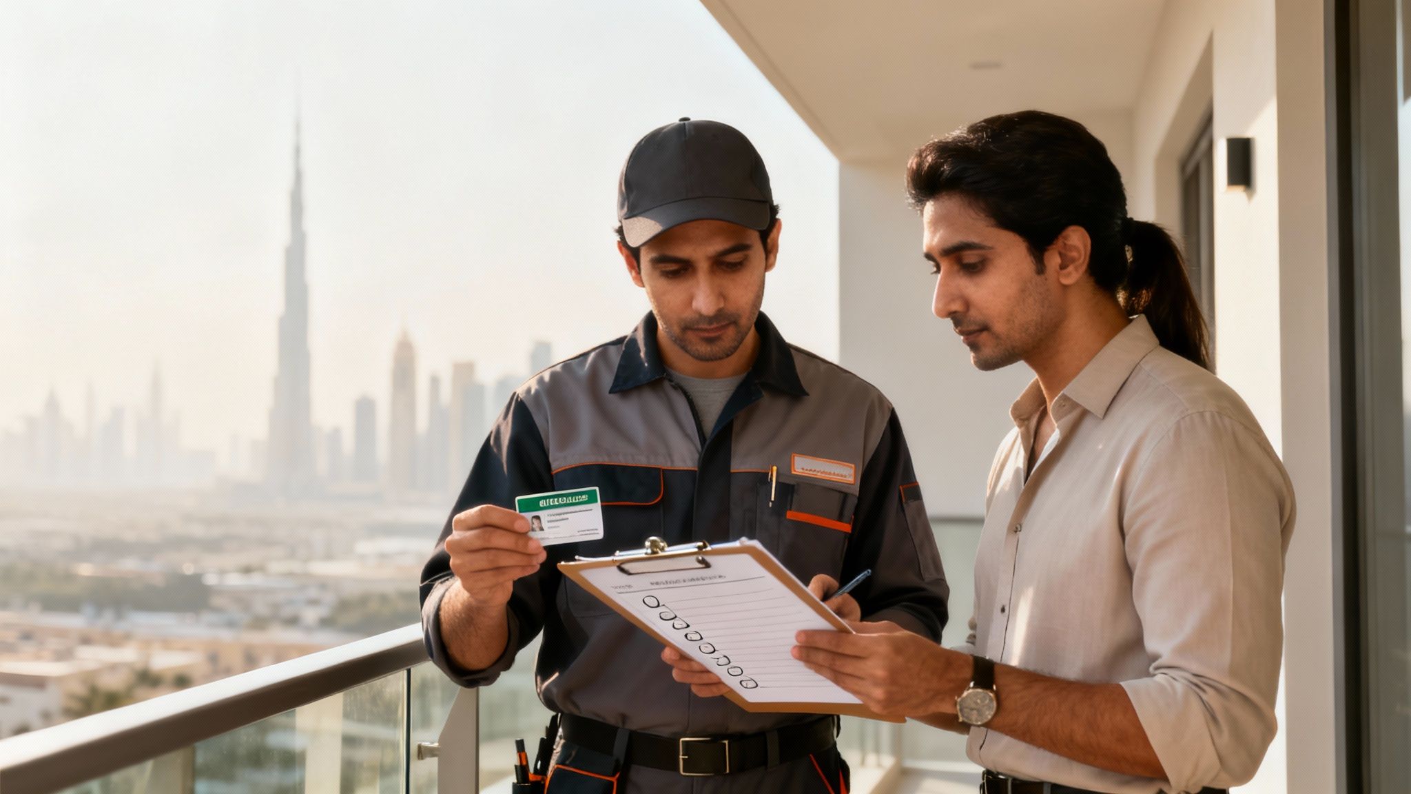 A service technician shows his ID to a customer reviewing a checklist on a balcony with a city view.