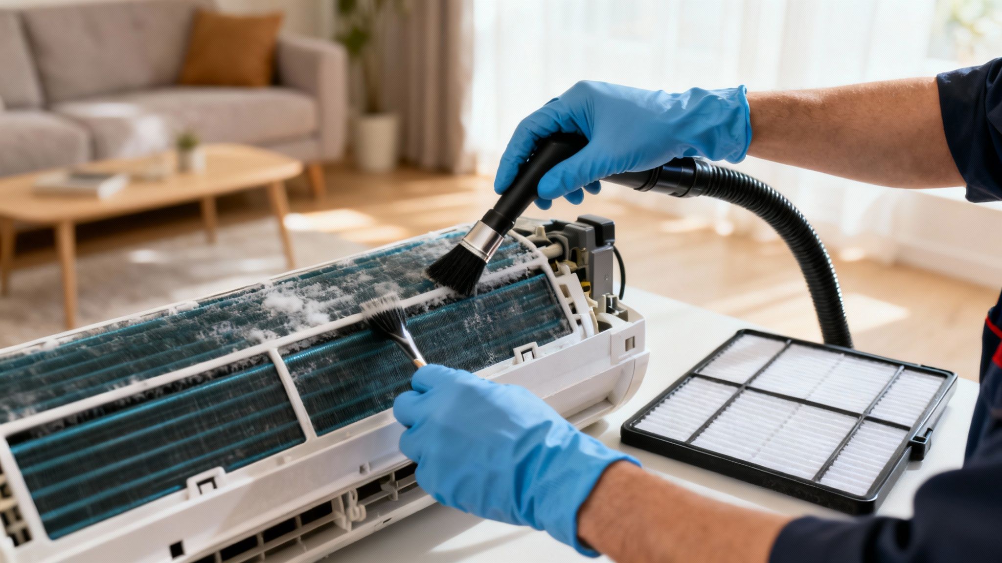Professional AC technician cleaning the dusty evaporator coils and fins of an air conditioner.
